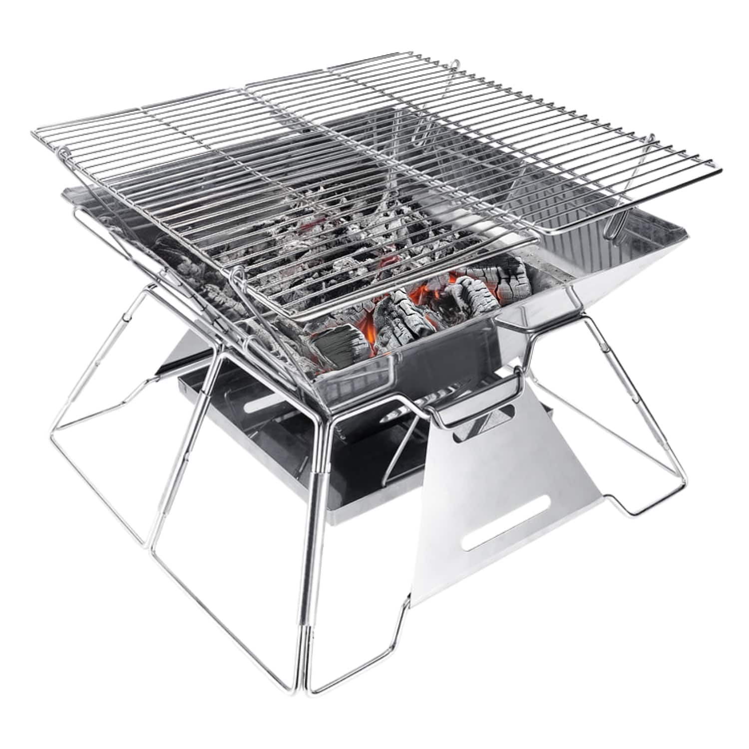 Brentwood - 14-in. X 14-in. Stainless Steel Portable Folding Charcoal Bbq Grill And Outdoor Fire Pit With Carry Bag - Silver