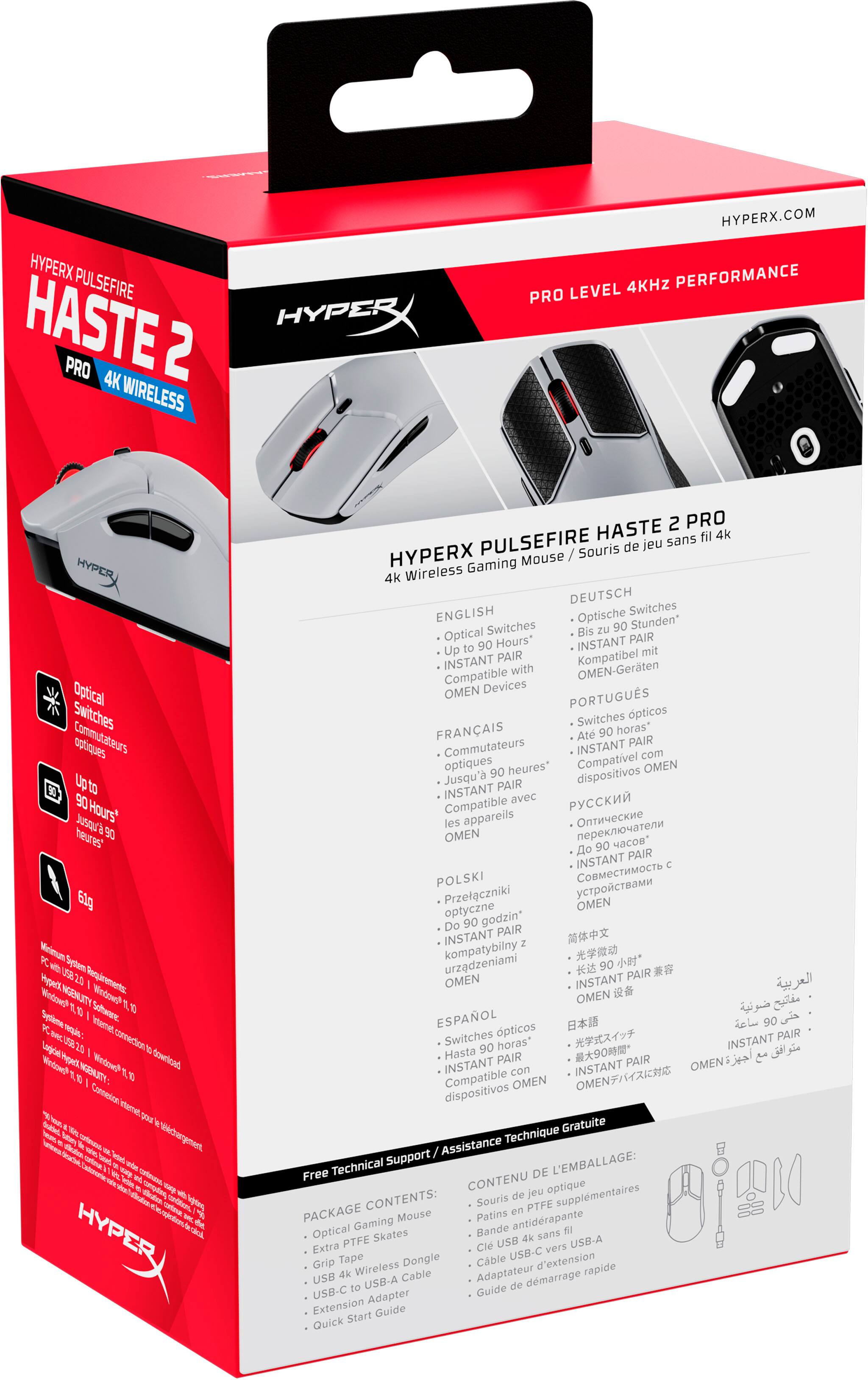 The text on the image is in multiple languages, including English, French, German, Spanish, Polish, and Italian. It is not possible to group and correct the text without knowing the specific language. However, the text is likely discussing the HyperX Pulsefire Haste 2 Pro 4K Wireless Gaming Mouse, its features, and compatibility with various devices.