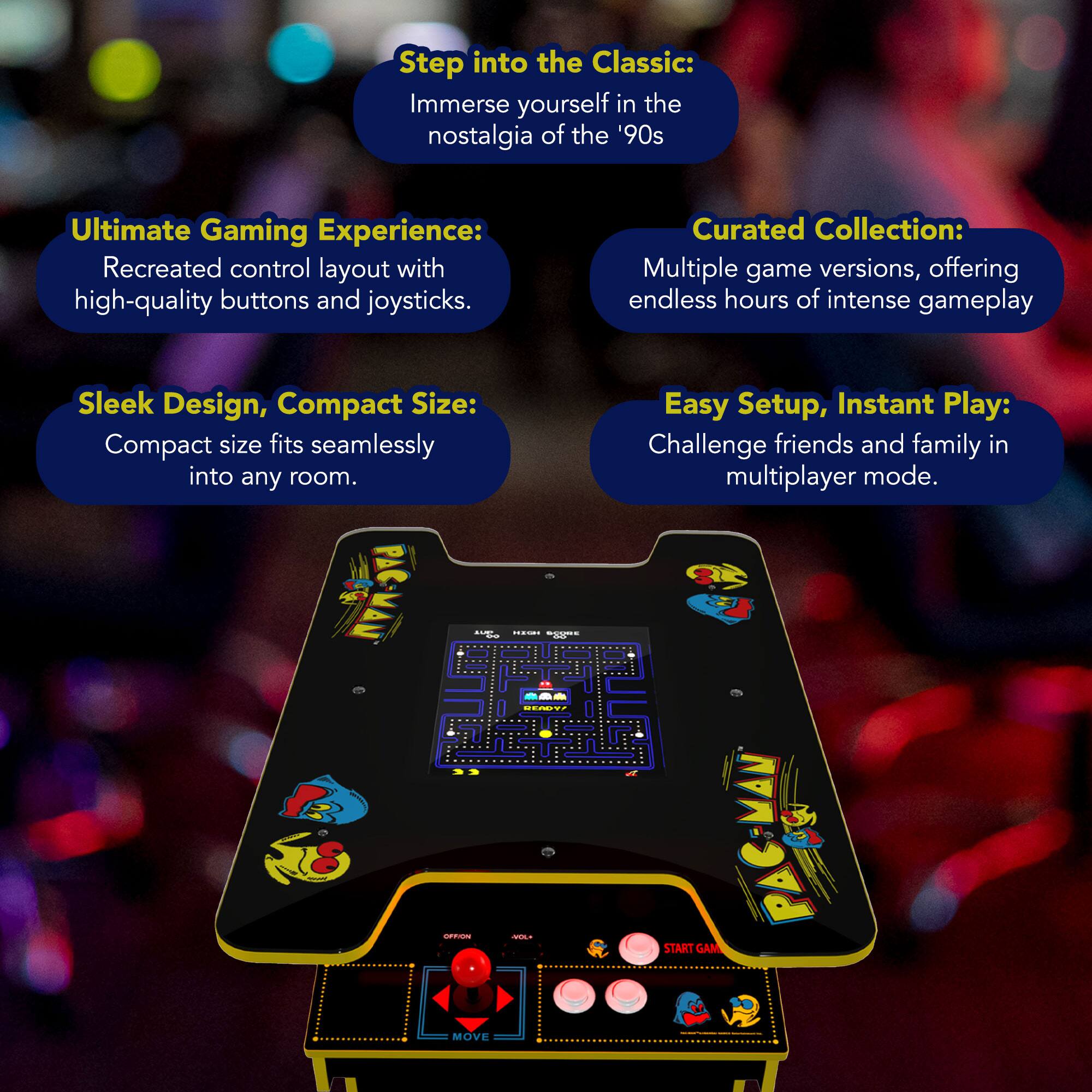 Step into the Classic:  
Immerse yourself in the nostalgia of the '90s

Ultimate Gaming Experience:  
Recreated control layout with high-quality buttons and joysticks.

Curated Collection:  
Multiple game versions, offering endless hours of intense gameplay.

Sleek Design, Compact Size:  
Compact size fits seamlessly into any room.

Easy Setup, Instant Play:  
Challenge friends and family in multiplayer mode.