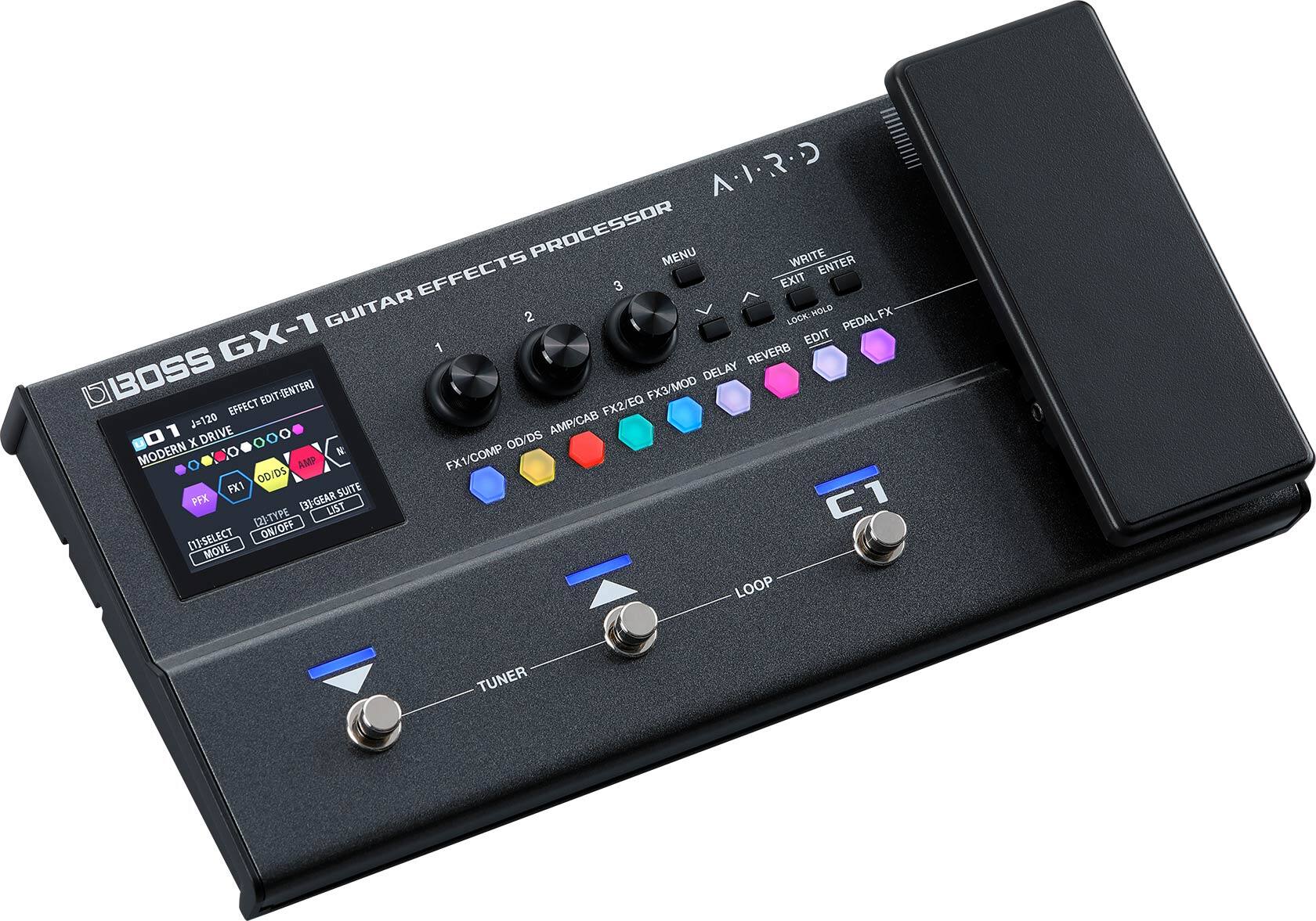 A.I.R.D PROCESSOR MENU WRITE ENTER EFFECTS 3 EXIT GUITAR 2 LOCK: HOLD PEDAL FX GX-1 EDIT 1 REVERB BOSS DELAY EDIT [ENTER] FX3/MOD EFFECT FX2/EQ J=120 AMP/CAB x DRIVE OD/DS MODERN N: AMP FX1/COMP OD/DS FX1 SUITE PFX [2]:TYPE [3]:GEAR LIST C1 [1]-SELECT ON/OFF MOVE LOOP TUNER