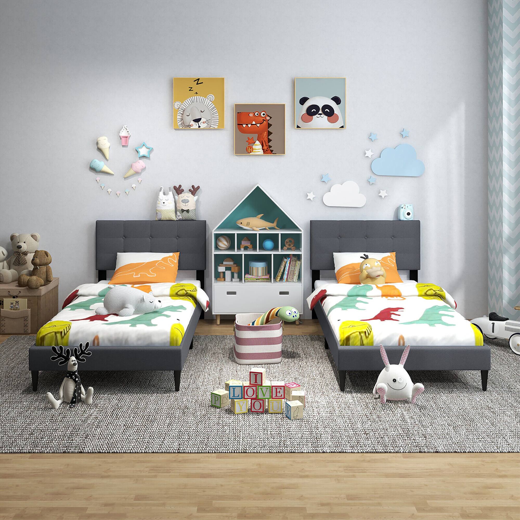 Alt View 4. Gymax - Gymax Twin Upholstered Platform Bed Mattress Foundation Button Tufted Headboard Gray - Gray.