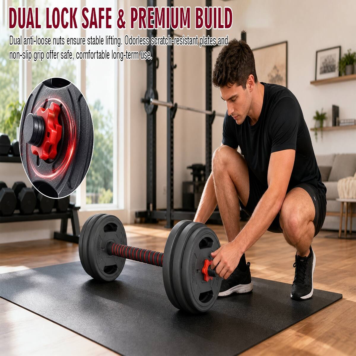 DUAL LOCK SAFE & PREMIUM BUILD

Dual anti-loose nuts ensure stable lifting. Odorless scratch-resistant plates and non-slip grip offer safe, comfortable long-term use.