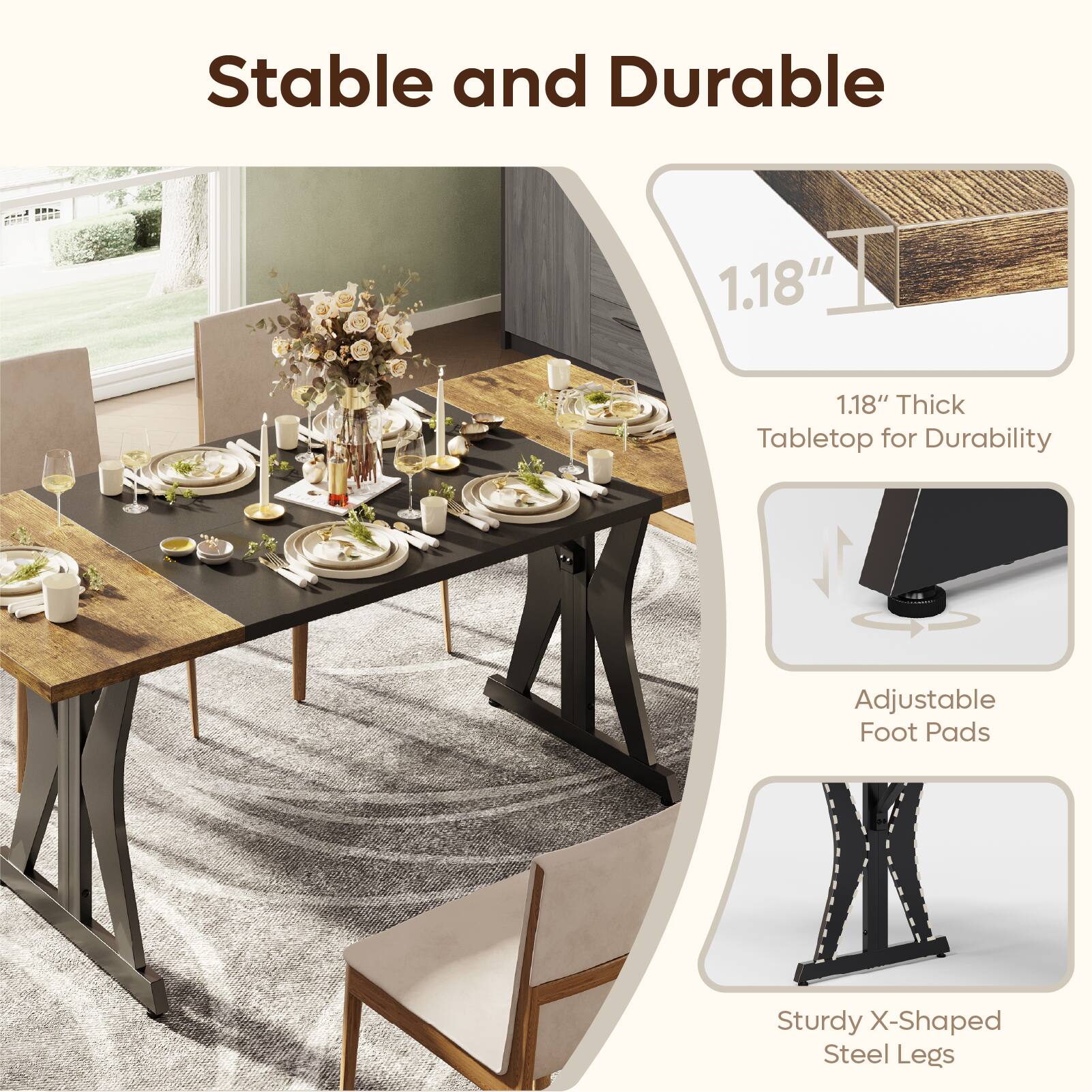 Stable and Durable: 1.18" Thick Tabletop for Durability, Adjustable Foot Pads, Sturdy X-Shaped Steel Legs.