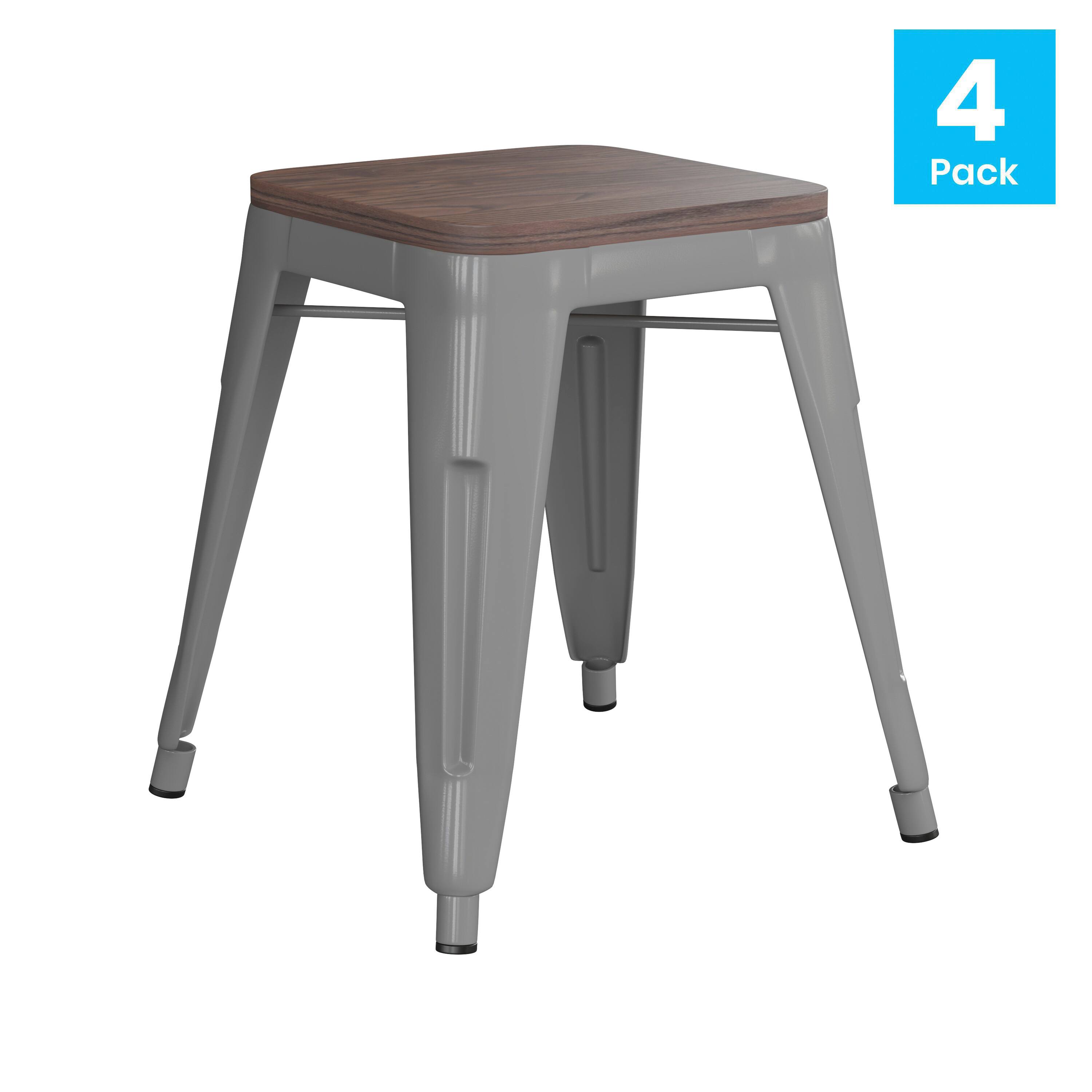 Alt View 2. Emma + Oliver - Set of Four Table Height Backless Stacking Welded Iron Stools with Wooden Seats and Under Seat Bracing for Indoor Use - Silver.