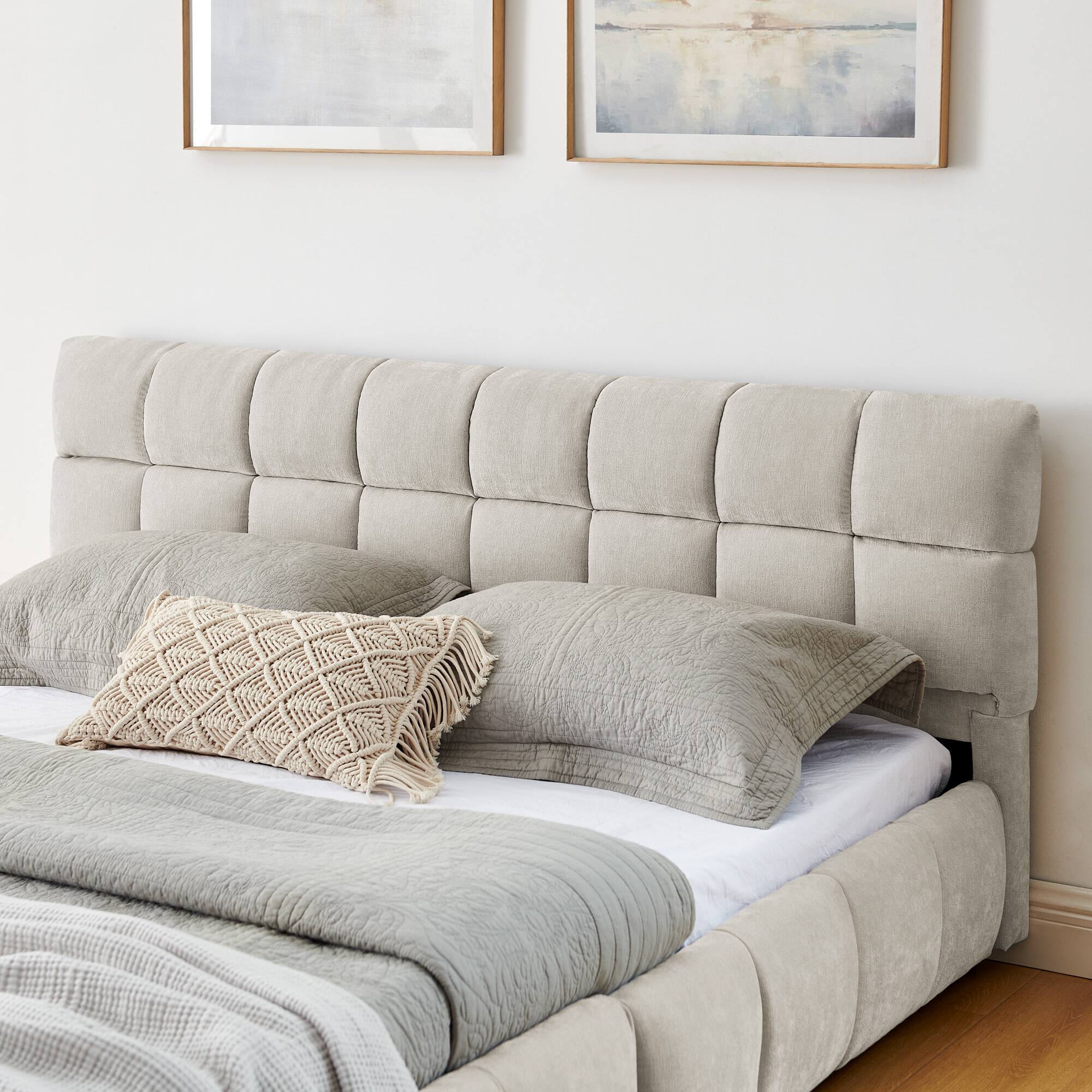 Back. LUCKY ONE - Queen Size Chenille Upholstered Bed Frame With Drawer - Beige.