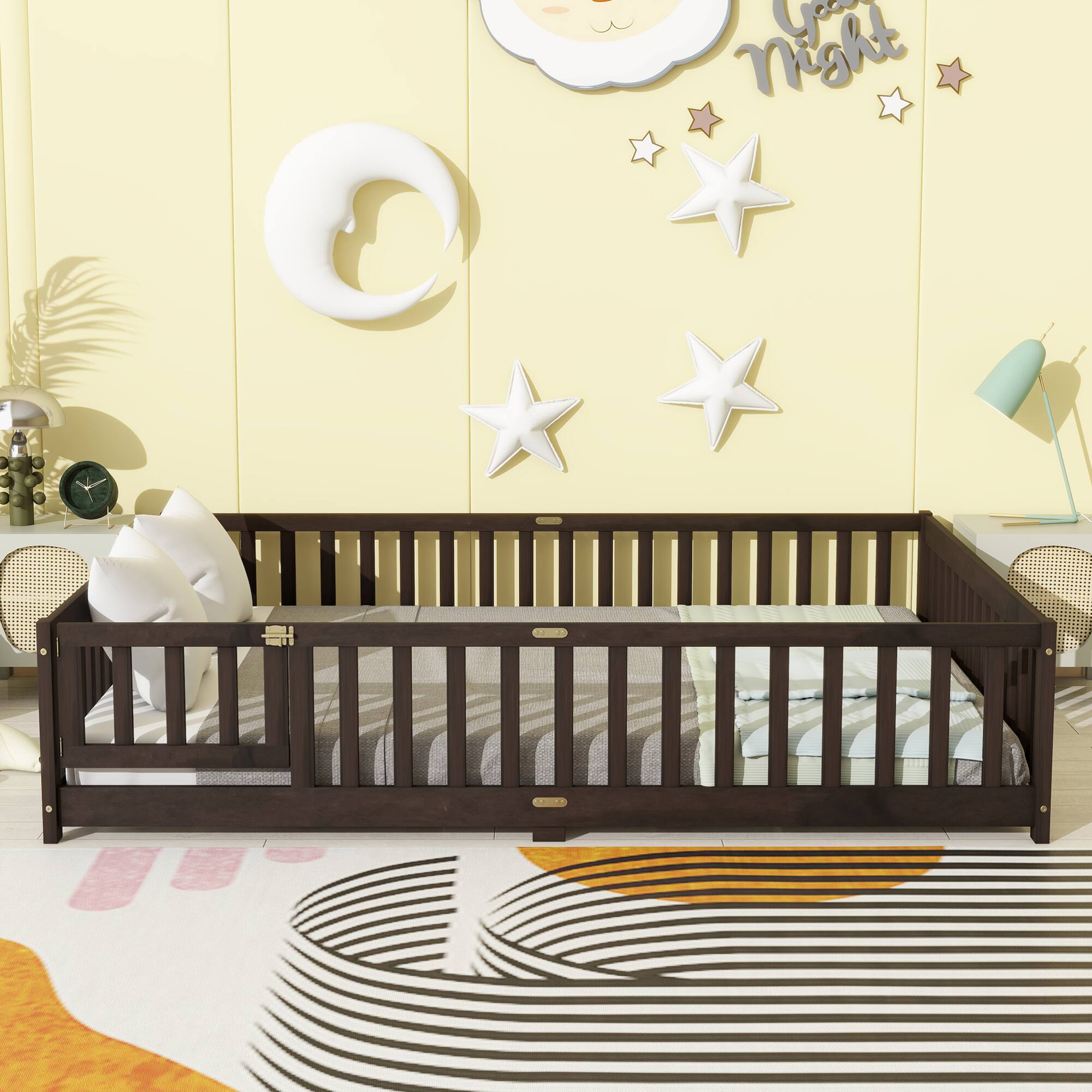 Back. GOODSILO - Queen Size Low-Profile Platform Bed with Safety Guardrails and Entry Door for Secure Sleeping Space - Espresso.