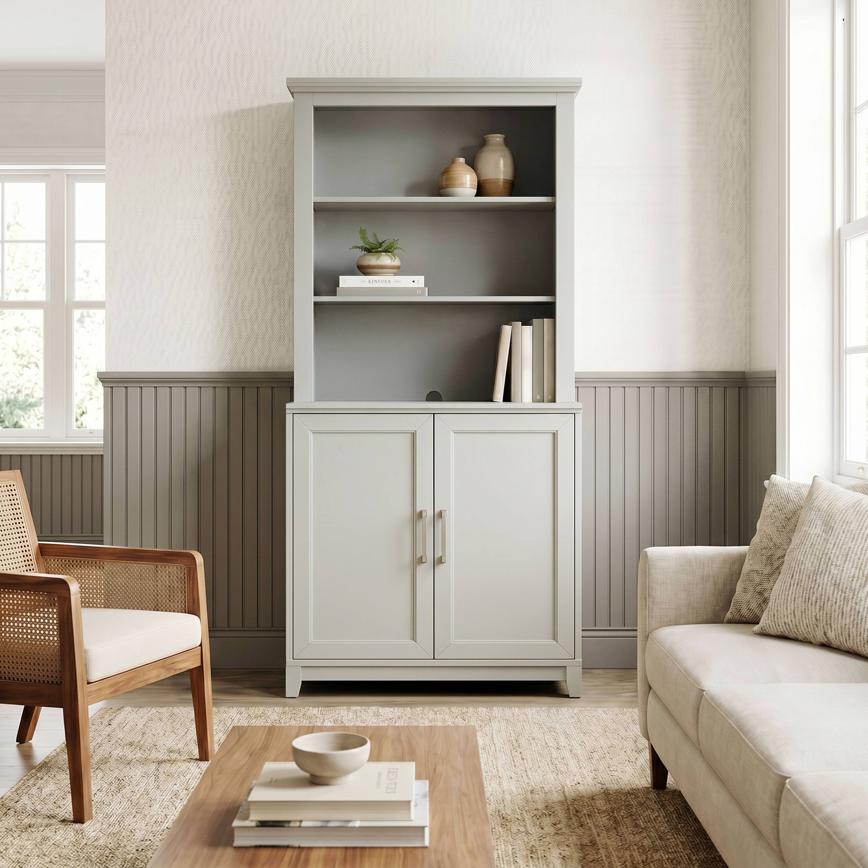 Alt View 5. Martha Stewart - Bedford 2-Piece Modular Cabinet and Hutch Set with Premium Hardware, Open Top Shelves, Soft-Close Doors - Bedford Gray/Brushed Stainless Steel Hardware.