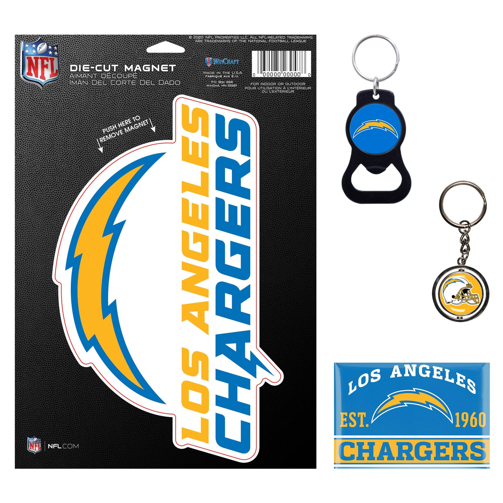 Sure, here is the corrected and grouped text from the image:

---

**Front of the Package:**

- NFL
- DIE-CUT MAGNET
- AIMANT DECOUPE
- AIMANT DEL CORTE DEL DADO
- PUSH HERE TO REMOVE MAGNET
- LOS ANGELES CHARGERS
- EST. 1960
- NFL.COM

**Back of the Package:**

- NFL
- DIE-CUT MAGNET
- AIMANT DECOUPE
- AIMANT DEL CORTE DEL DADO
- MADE IN CHINA
- PUSH HERE TO REMOVE MAGNET
- NFL
- NFL.COM
- NFL-RELATED TRADEMARKS
- MADE IN CHINA
- 00000 00000
- 00000 00000
- 00000 00000
- 00000 00000
- 00000 00000
- 00000 00000
- 00000 00000
- 00000 0
