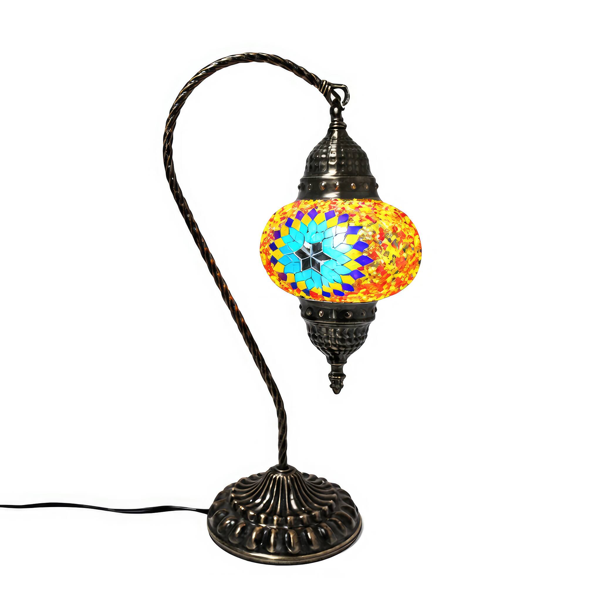 Angle. FC Design - 17"H Bronze Swan Base Flowery Tile Orange–Blue Mosaic Turkish Lamp.