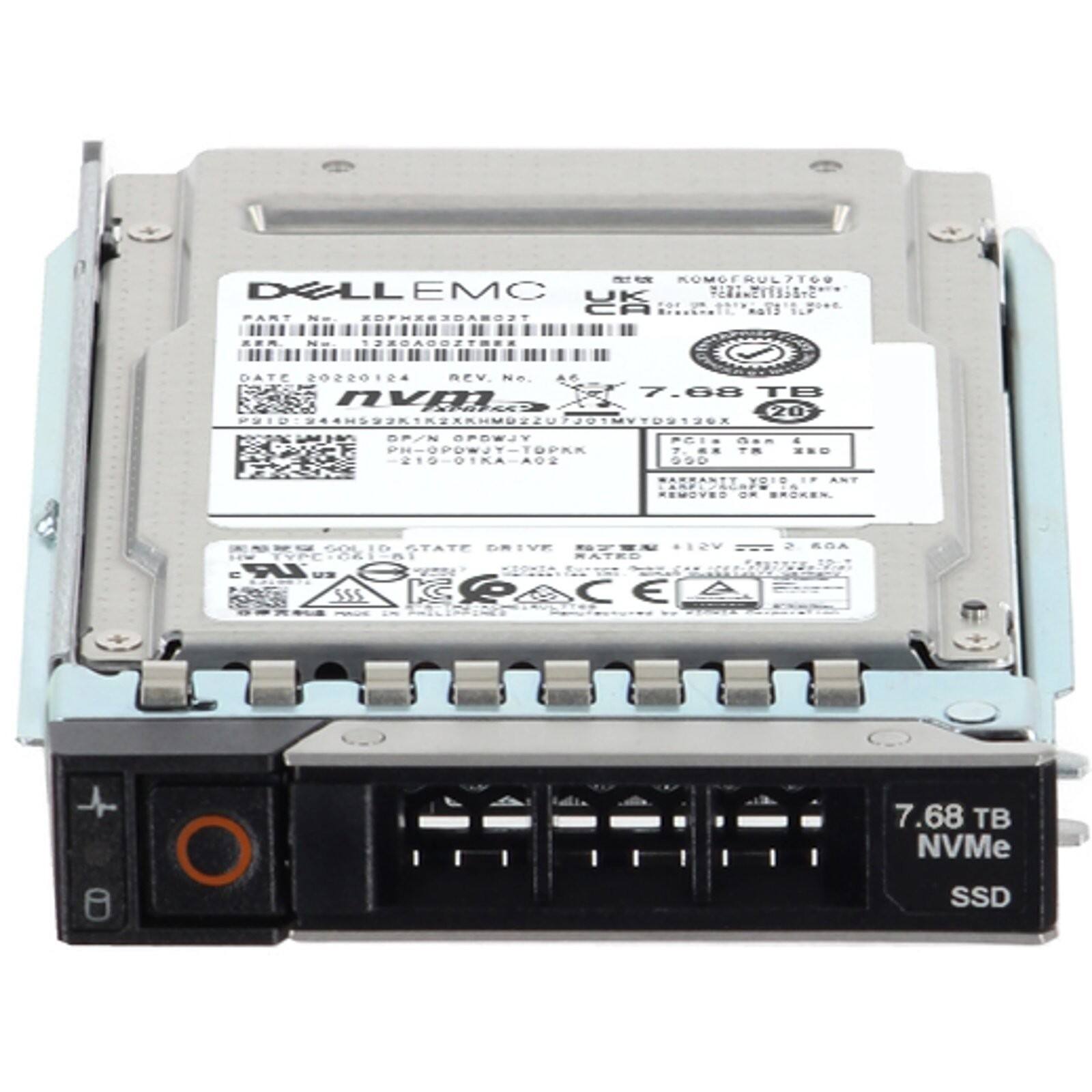 DELL EMC  
7.68 TB NVMe SSD  

PART No. XDPHWX3DAB0ZT  
DATE 2020124  
REV No. 7.68  

PH-OPDWJY-TOPKK  
PID 944592K1KXKHM22V  
DP/N OPDWJY-01RA-A0S  

7.68 TB NVMe SSD