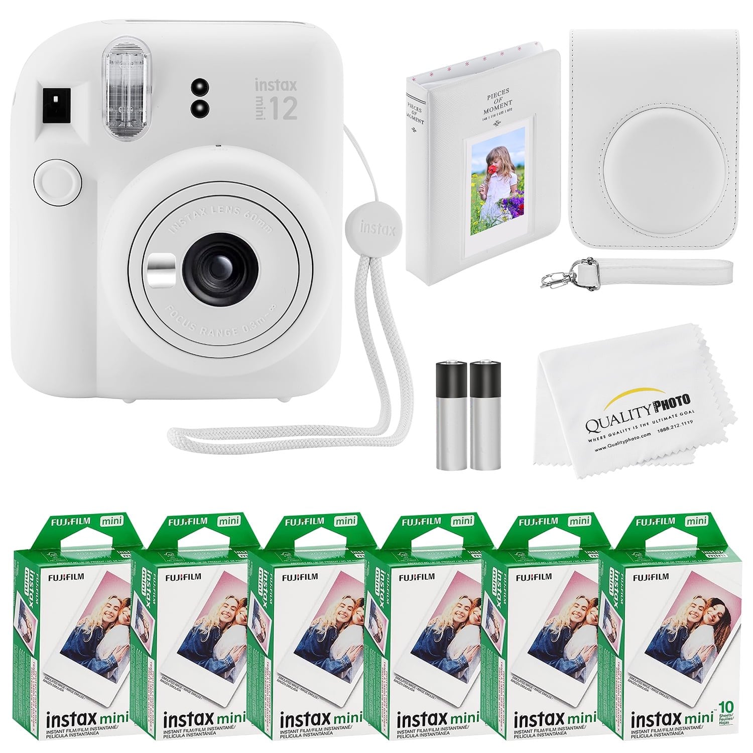 Fujifilm - Instax Mini 12 Instant Camera 60 Photo Prints Quality Photo Value Bundle Case Decoration Stickers Frames Photo Album - Clay White