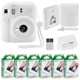 Fujifilm - Instax Mini 12 Instant Camera 60 Photo Prints Quality Photo Value Bundle Case Decoration Stickers Frames Photo Album - Clay White