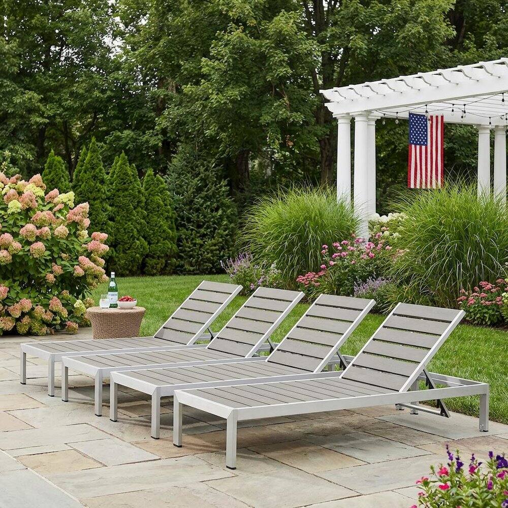 Left. Outdoor Escape - Outdoor Patio Aluminum Chaise Set Of 4 With Stack-Free Design, Backrests - Gray.