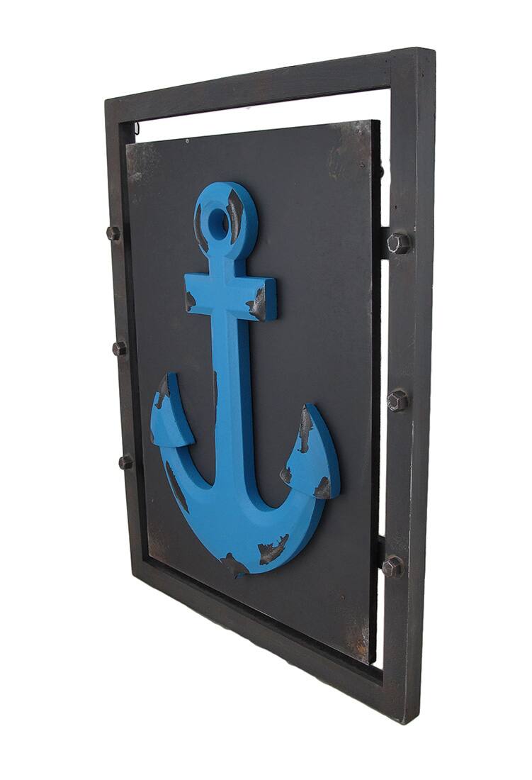 Alt View 1. Zeckos - Distressed Finish Blue Nautical Anchor on Panel Wall Hanging - Blue.