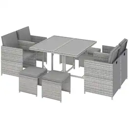 Outsunny - 9 Pieces Outdoor Dining Set for 8, Space Saving Wicker Chairs and Square Glass Table with Cushions and Ottomans - Light Gray/Dark Gray