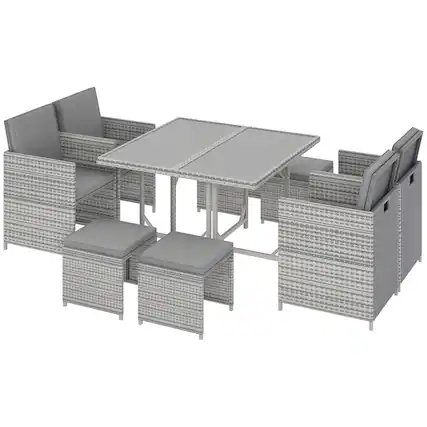 Front. Outsunny - 9 Pieces Outdoor Dining Set for 8, Space Saving Wicker Chairs and Square Glass Table with Cushions and Ottomans - Light Gray/Dark Gray.