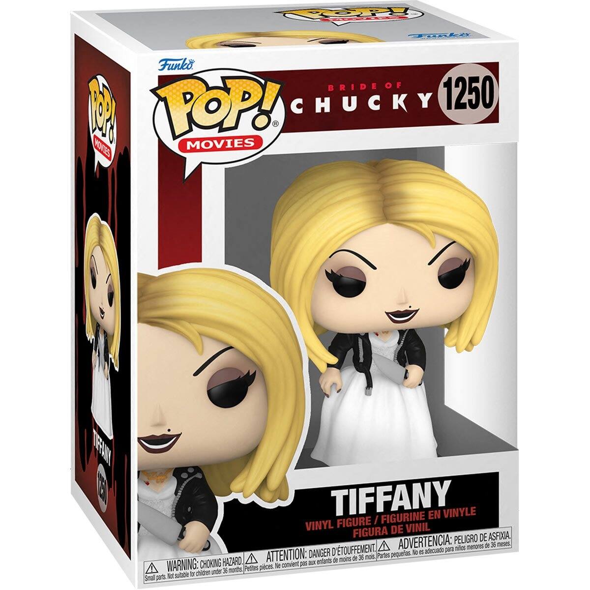 Sure, here is the corrected and grouped text from the image:

---

**Funko**

**POP! MOVIES**

**BRIDE OF CHUCKY**

**1250**

**TIFFANY**

**VINYL FIGURE / FIGURINE EN VINYLE / FIGURA DE VINIL**

**WARNING: CHOKING HAZARD. Small parts. Not suitable for children under 36 months.**

**ATTENTION: PELIGRO DE ASFIXIA. Piezas pequeñas. No es adecuado para niños menores de 36 meses.**

**ADVERTENCIA: PEU DE RISQUE D'ASPIRATION. Petites pièces. Ne convient pas aux enfants de moins de 36 mois.**

---

This text is organized to reflect the information on the packaging.