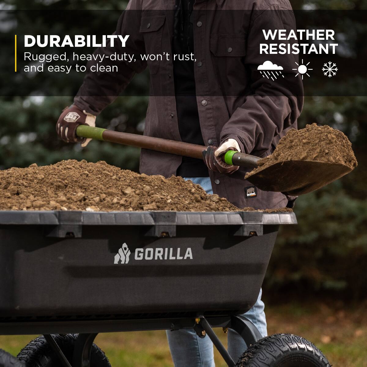 DURABILITY  
Rugged, heavy-duty, won't rust, and easy to clean  

WEATHER RESISTANT  

GORILLA