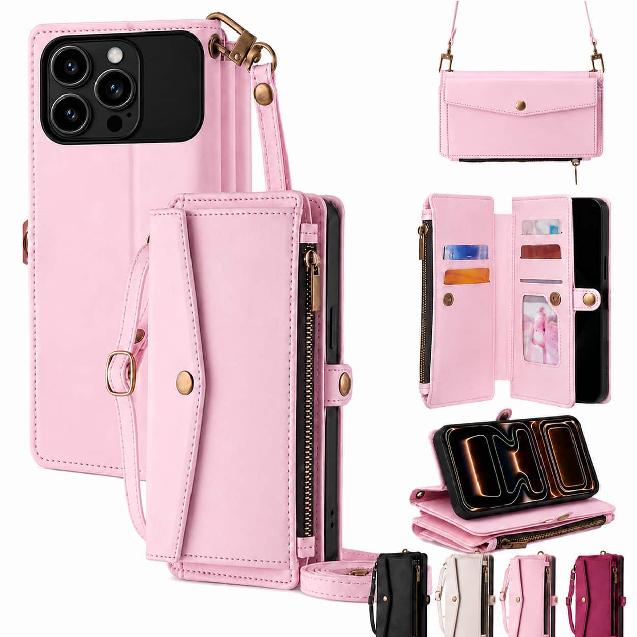 Topteng - 6-in-1 Wallet Case for iPhone 16/16 Plus/16 Pro/16 Pro Max with Wrist & Crossbody Straps, Zipper Pocket, Card Holders - iPhone 16 Pro Pink price history on PriceWatchPro