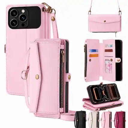 Front. Topteng - 6-in-1 Wallet Case for iPhone 16/16 Plus/16 Pro/16 Pro Max with Wrist & Crossbody Straps, Zipper Pocket, Card Holders - iPhone 16 Pro Pink.