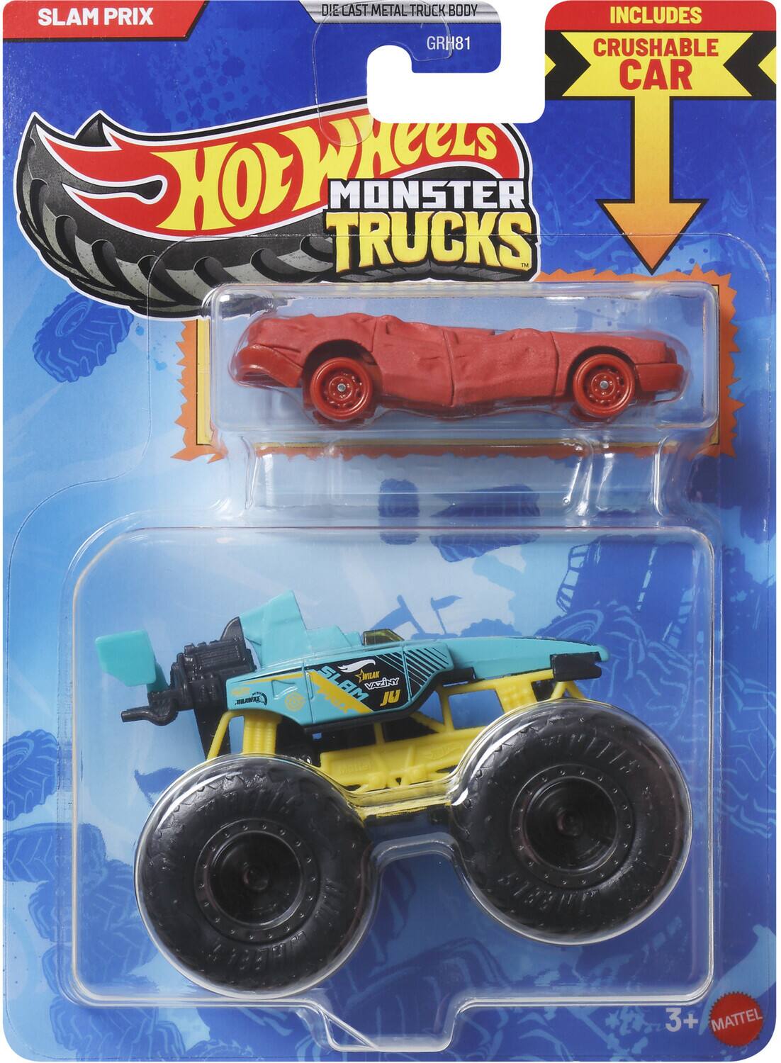 SLAM PRIX  
DIE CAST METAL TRUCK BODY  
INCLUDES CRUSHABLE CAR  
HOT WHEELS MONSTER TRUCKS  
GRH81  
3+  
MATTEL