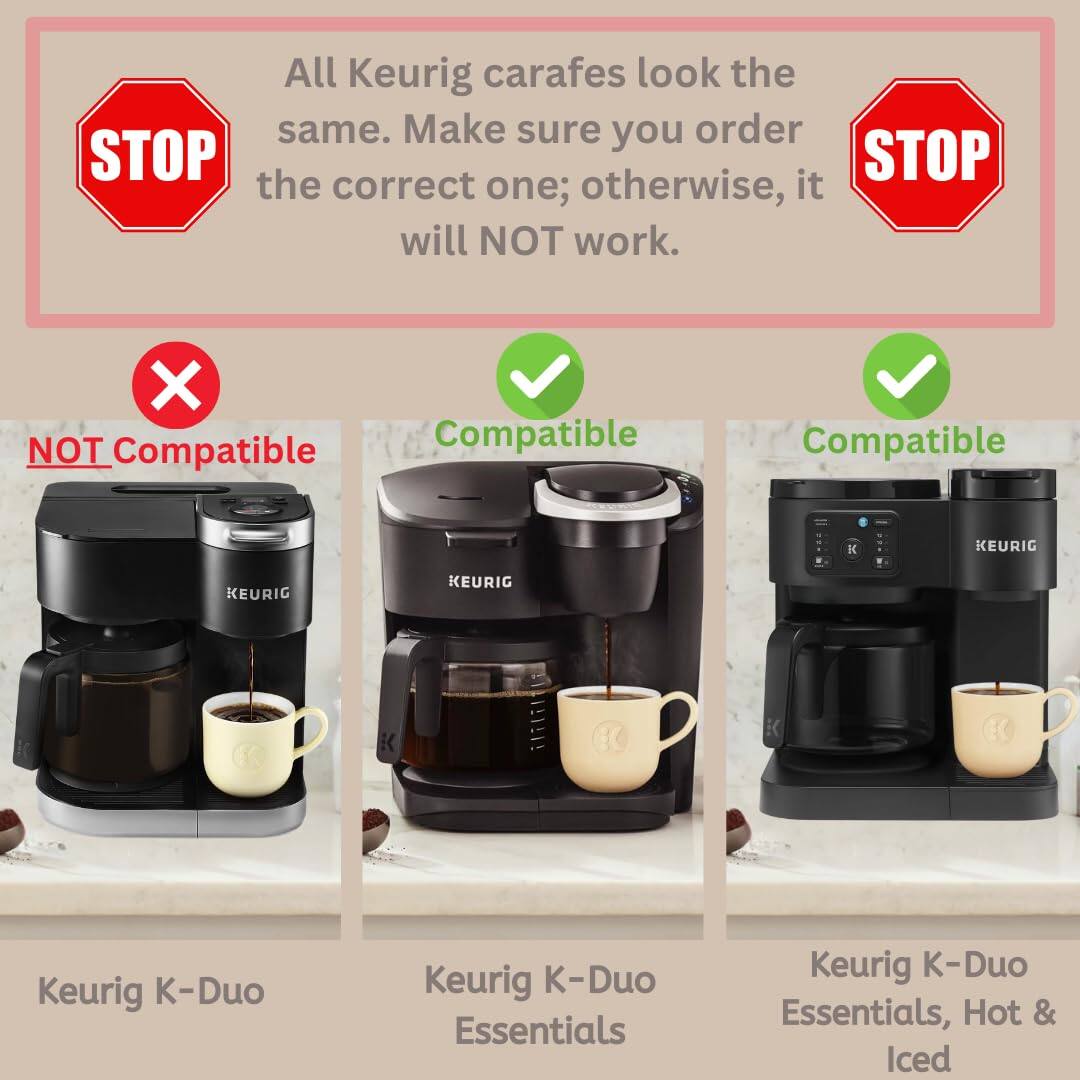 All Keurig carafes look the same. Make sure you order the correct one; otherwise, it will NOT work.

NOT Compatible  
Keurig K-Duo

Compatible  
Keurig K-Duo Essentials

Compatible  
Keurig K-Duo Essentials, Hot & Iced