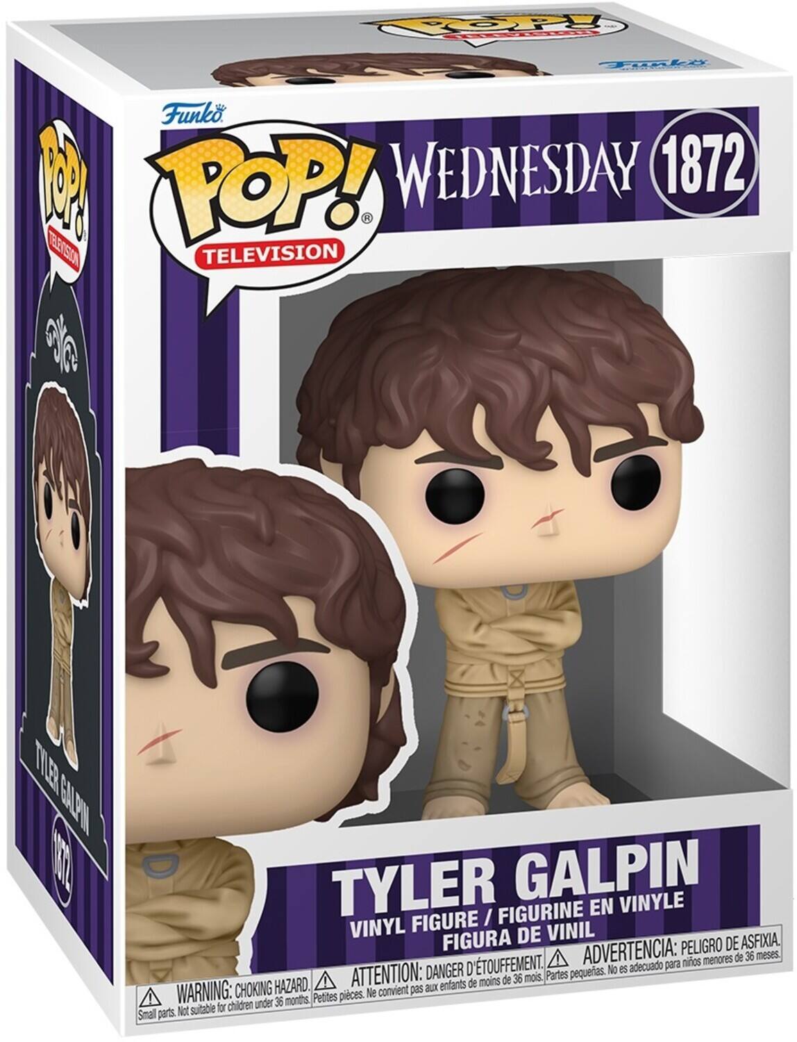 Funko POP!  
TELEVISION  
WEDNESDAY 1872  

TYLER GALPIN  
VINYL FIGURE / FIGURINE EN VINYLE / FIGURA DE VINIL  

WARNING: CHOKING HAZARD. Small parts. Not suitable for children under 36 months.  
ADVERTENCIA: PELIGRO DE ASFIXIA. Piezas pequeñas. No es adecuado para niños menores de 36 meses.  
ATTENTION: DANGER D'ÉTOUFFEMENT. Petites pièces. Ne convient pas aux enfants de moins de 36 mois.