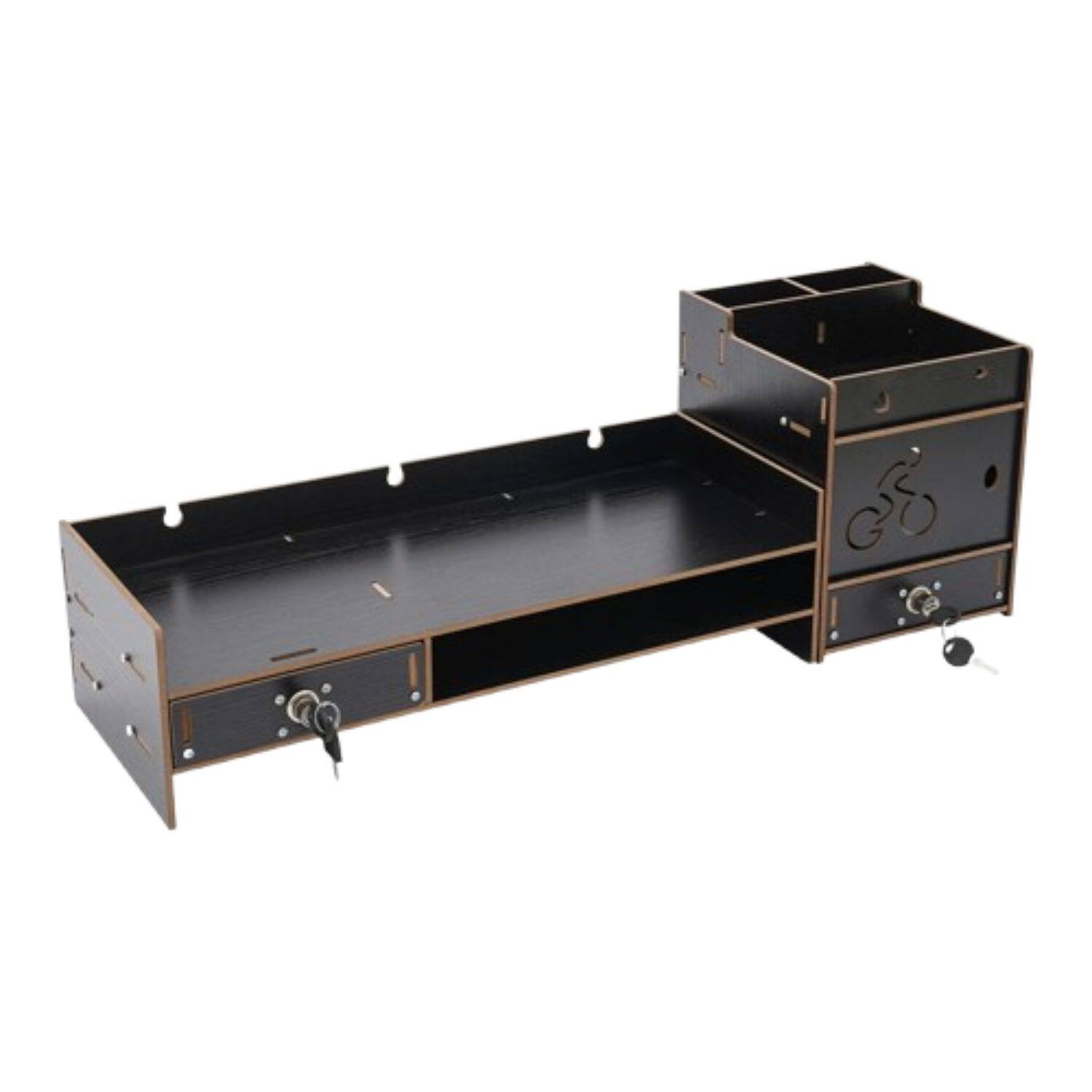 Front. Stock Preferred - Desktop Monitor Stand with Drawer & Side Organizer - Black.