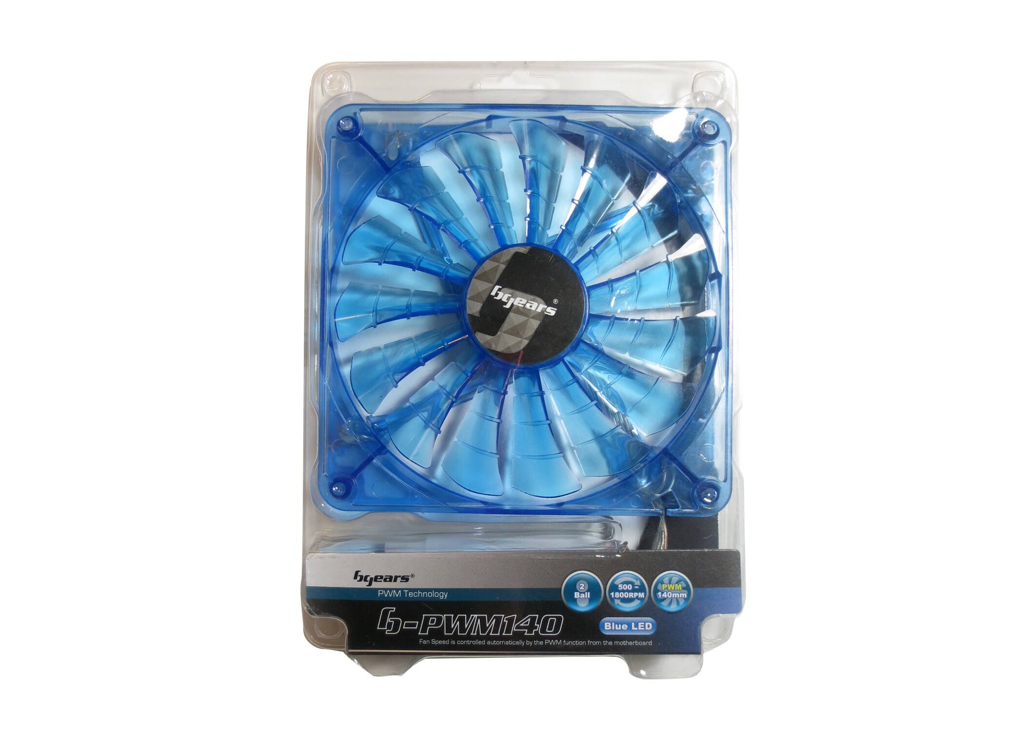 The corrected text is:

"byears byears - 3 500 PWM - PWM Technology, 180 ORPM, 140mm 6-PWM140 Blue LED Fan Speed - controlled automatically by the PWM function from the motherboard."