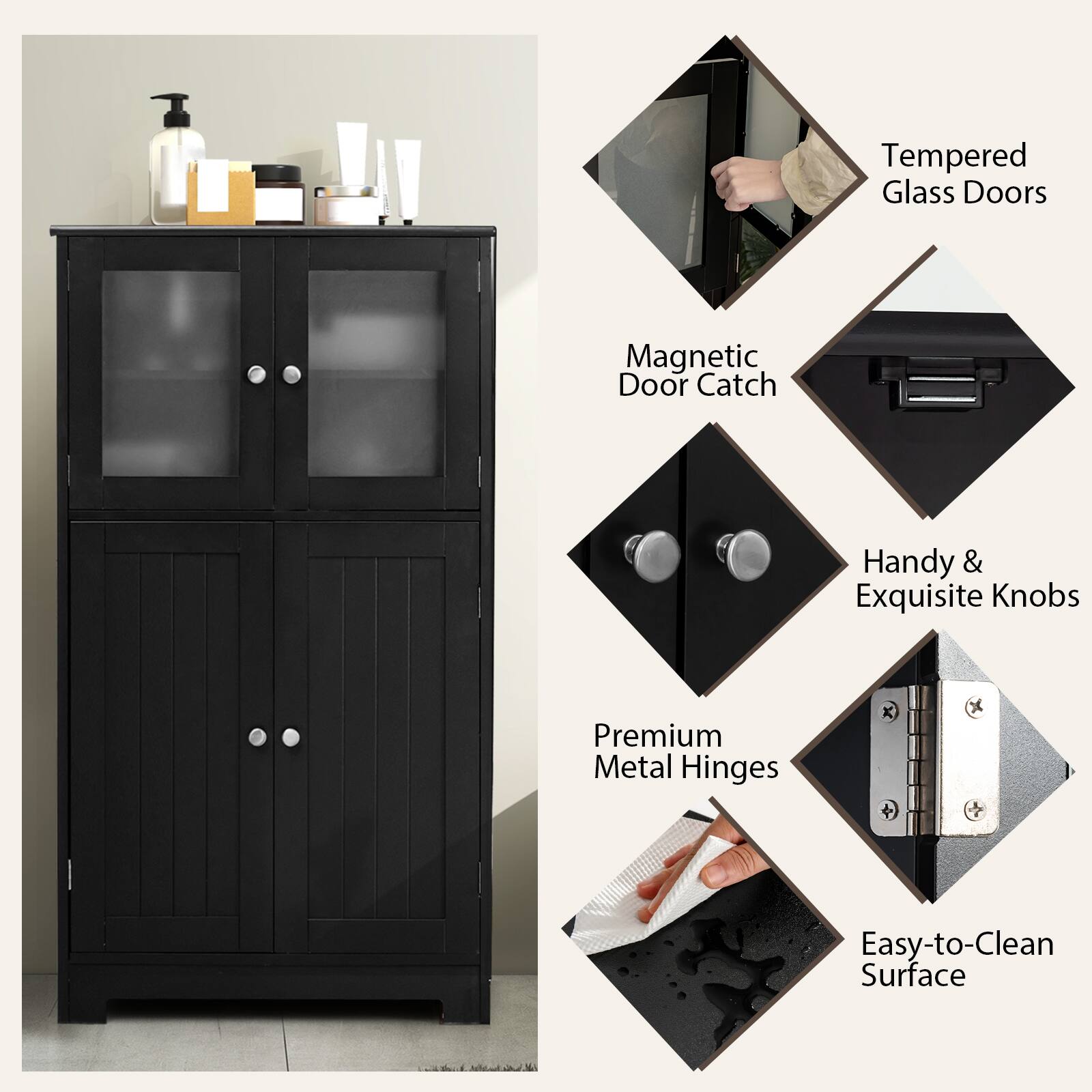 Tempered Glass Doors, Magnetic Door Catch, Handy & Exquisite Knobs, Premium Metal Hinges, Easy-to-Clean Surface