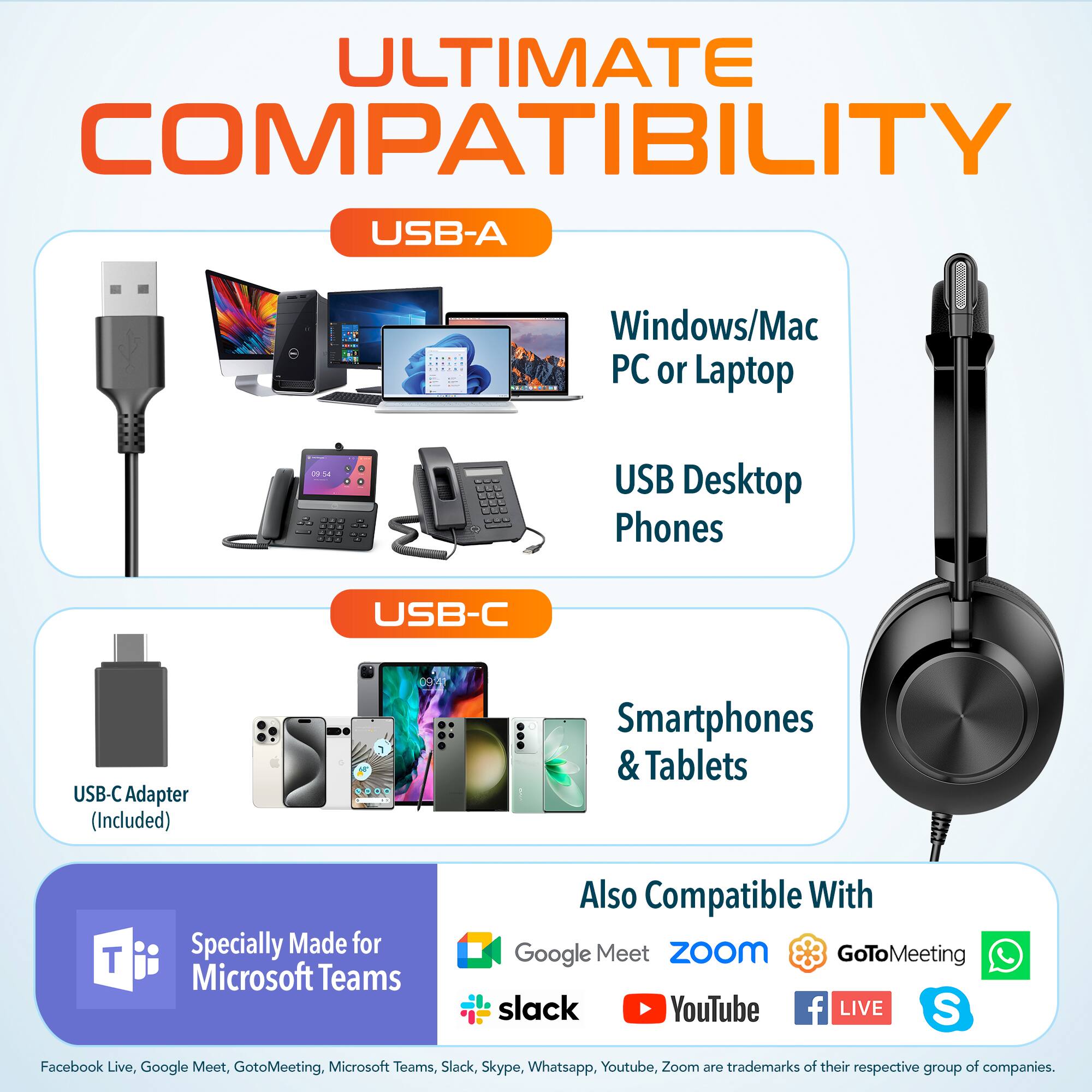 ULTIMATE COMPATIBILITY

USB-A  
Windows/Mac PC or Laptop  
USB Desktop Phones  

USB-C  
Smartphones & Tablets  
USB-C Adapter (Included)  

Specially Made for Microsoft Teams  

Also Compatible With  
Google Meet  
Zoom  
GoToMeeting  
Slack  
YouTube  
Facebook Live  
Skype  
Whatsapp  
Microsoft Teams  

Facebook Live, Google Meet, GoToMeeting, Microsoft Teams, Slack, Skype, Whatsapp, Youtube, Zoom are trademarks of their respective group of companies.