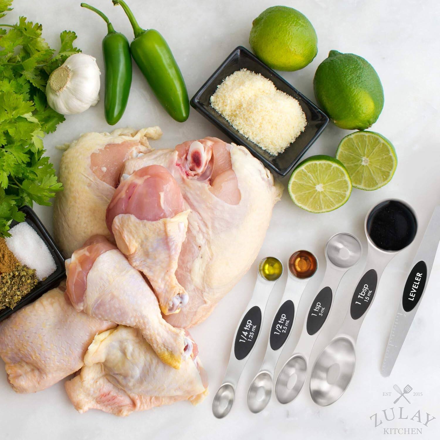 Sure, here is the corrected and grouped text from the image:

- tsp mL
- 1/4 1.25mL
- 1/2tsp 2.5mL
- 1 tsp 5mL
- Tbsp 15mL
- LEVELER
- EST 2015
- ZULAY KITCHEN