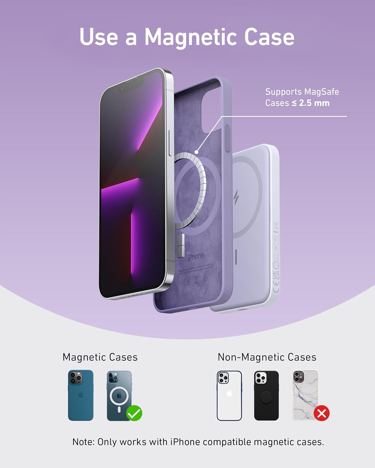 Use a Magnetic Case

Supports MagSafe Cases ≤ 2.5 mm

Magnetic Cases

Non-Magnetic Cases

Note: Only works with iPhone compatible magnetic cases.