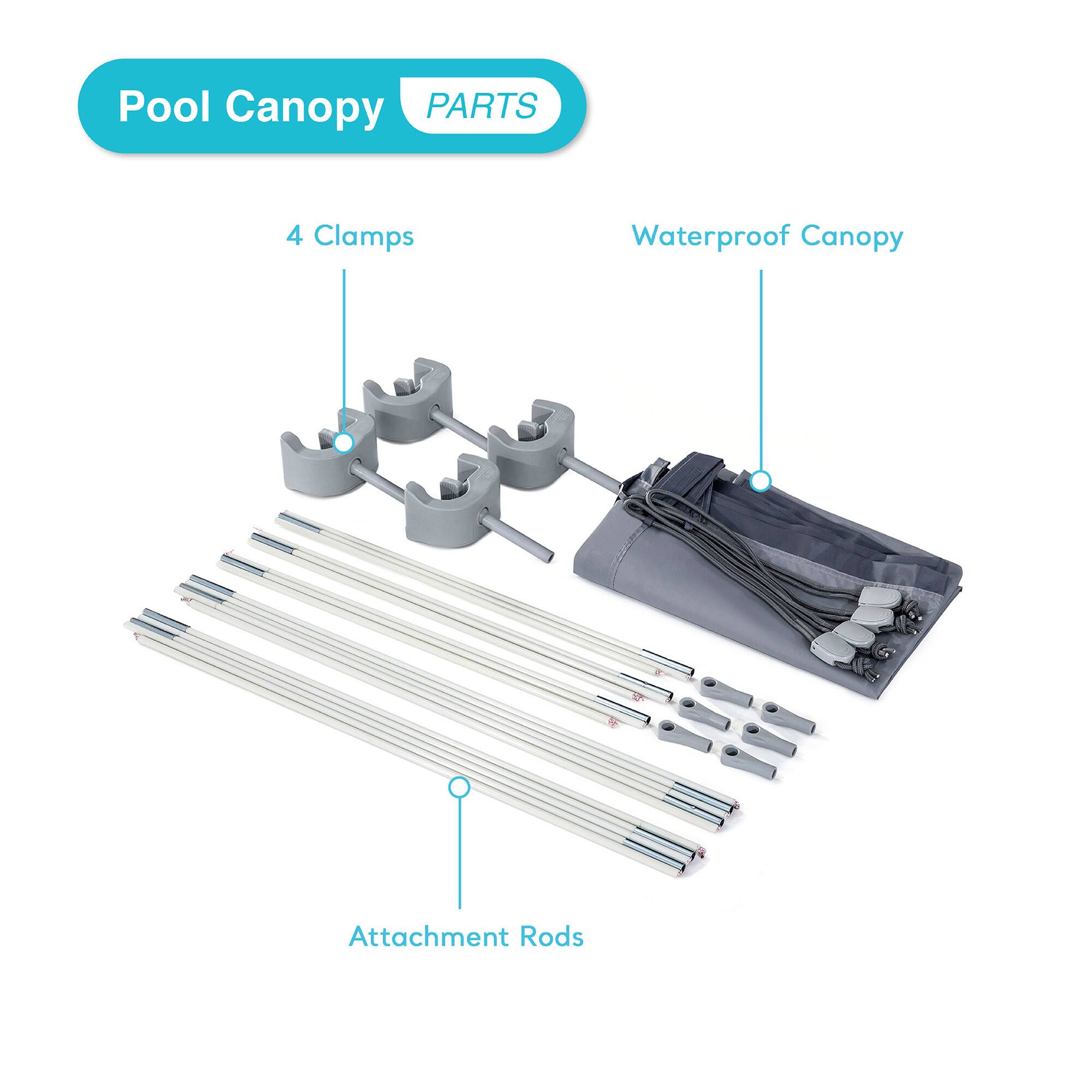 Pool Canopy Parts

- 4 Clamps
- Waterproof Canopy
- Attachment Rods