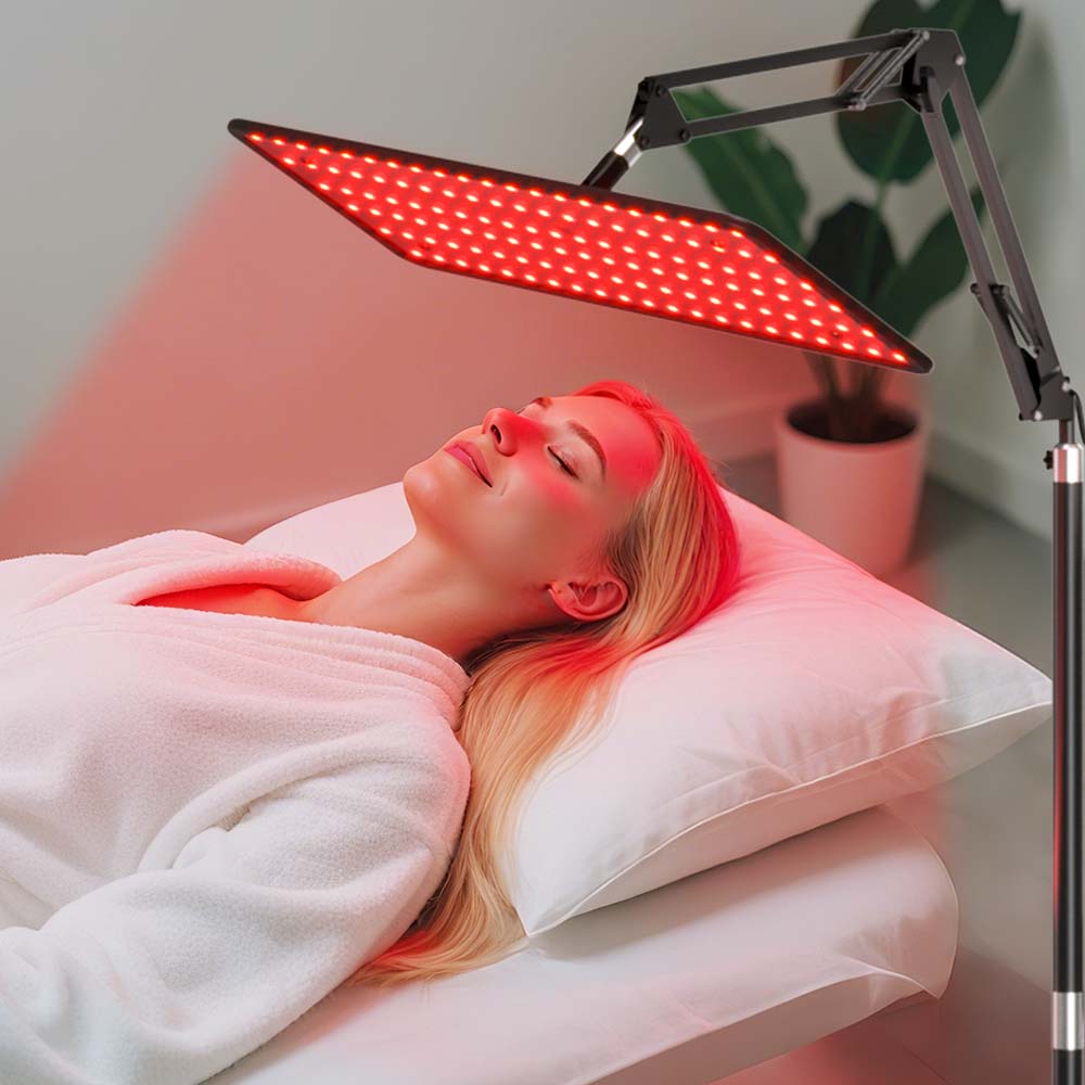 Left. Morfone - 120 LED Red Light Therapy Device 660nm, 850nm, 940nm Wavelengths, Ideal Red Light Therapy Lamp for Body and Facial Care.