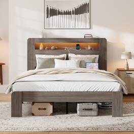 LUCKY ONE - Queen Size Wood Platform Bed Frame with Storage LED Light Headboard and 2 USB - Dawn Grey