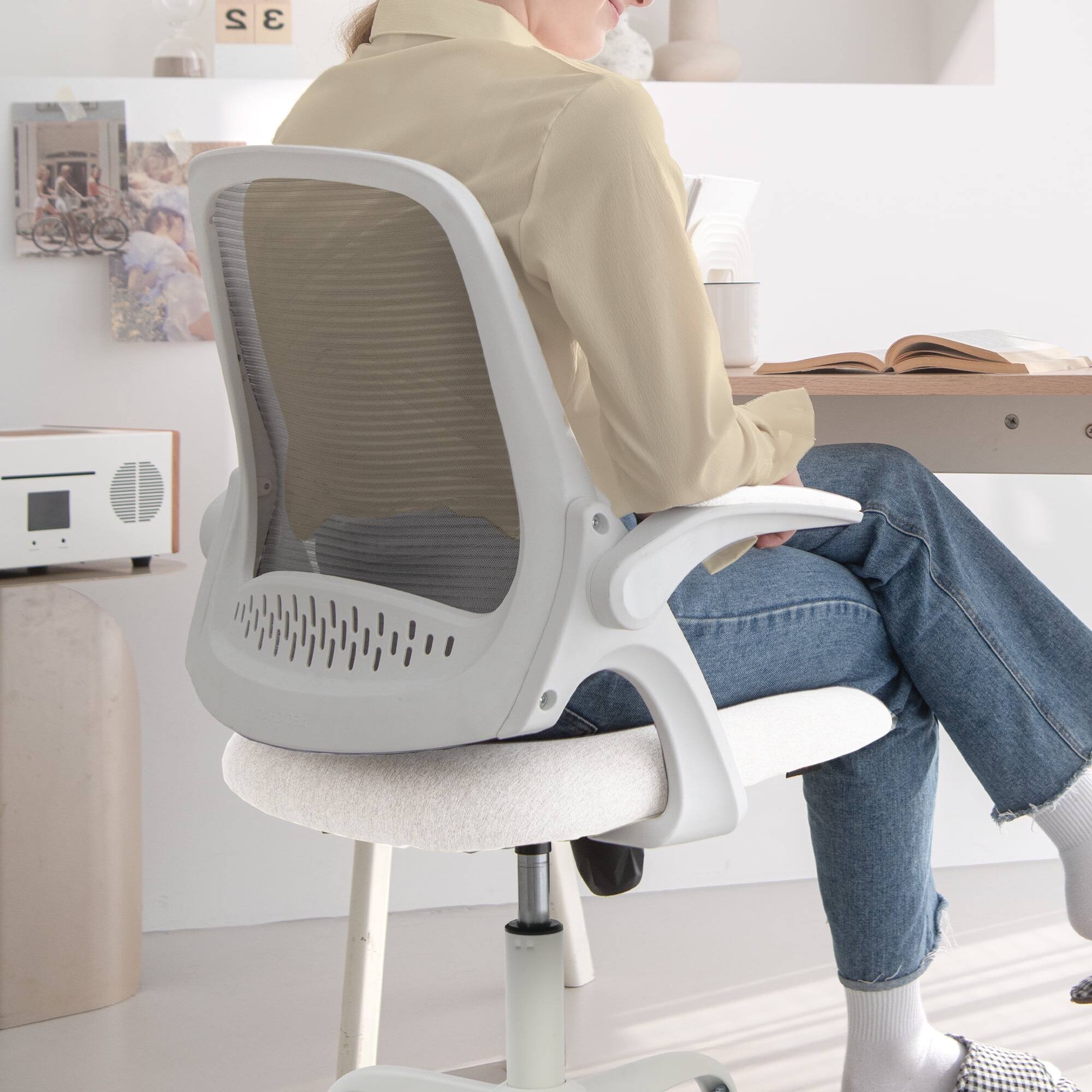 Alt View 1. Neo Chair - Office Chair Desk Computer Mesh Ergonomic Chair with Flip-up Arms Comfy Lumbar Support Adjustable Height Rolling Wheels - Steel Base-Ivory.