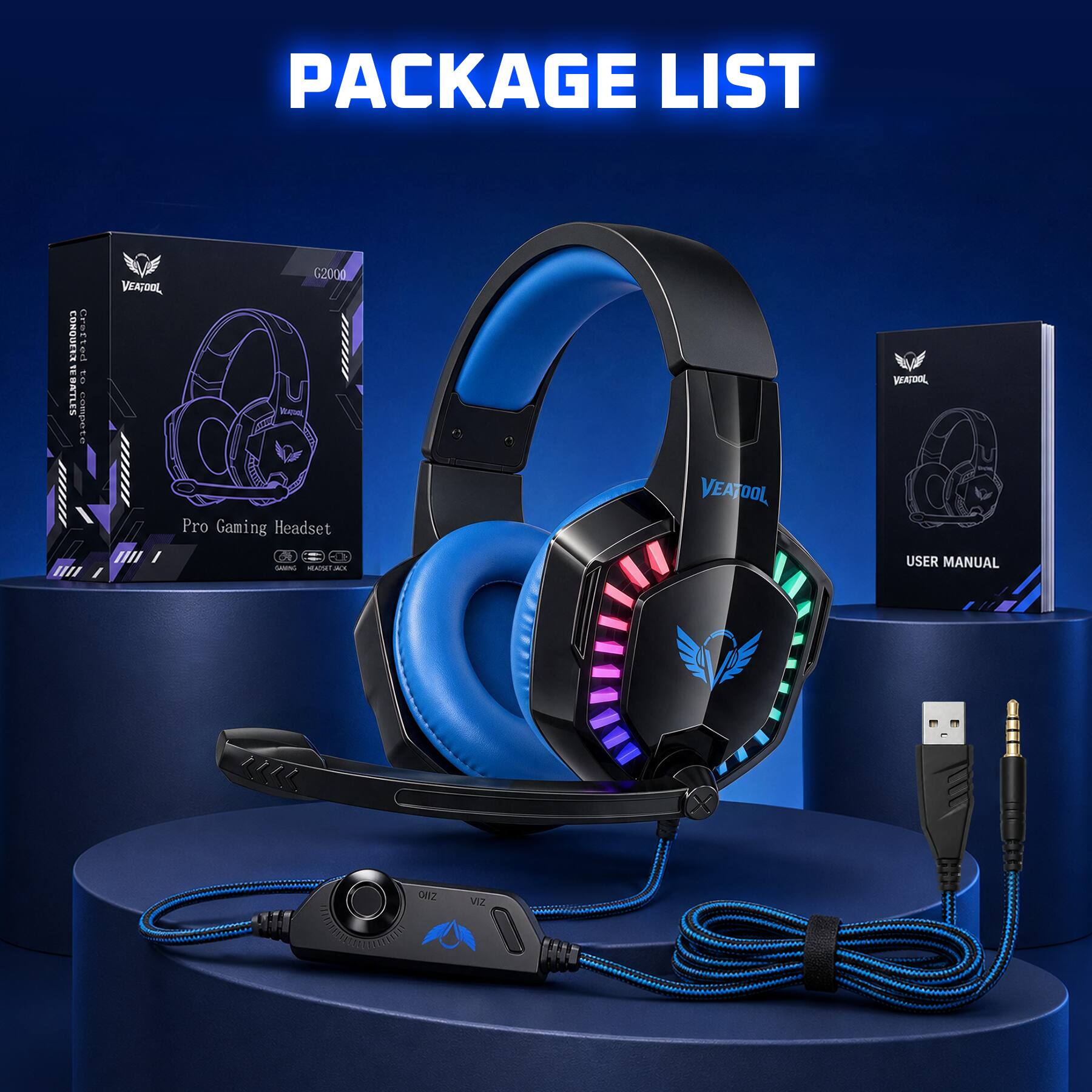 PACKAGE LIST

- VEATOOL G2000 Pro Gaming Headset
- VEATOOL USER MANUAL
- USB Cable
- 3.5mm Audio Jack