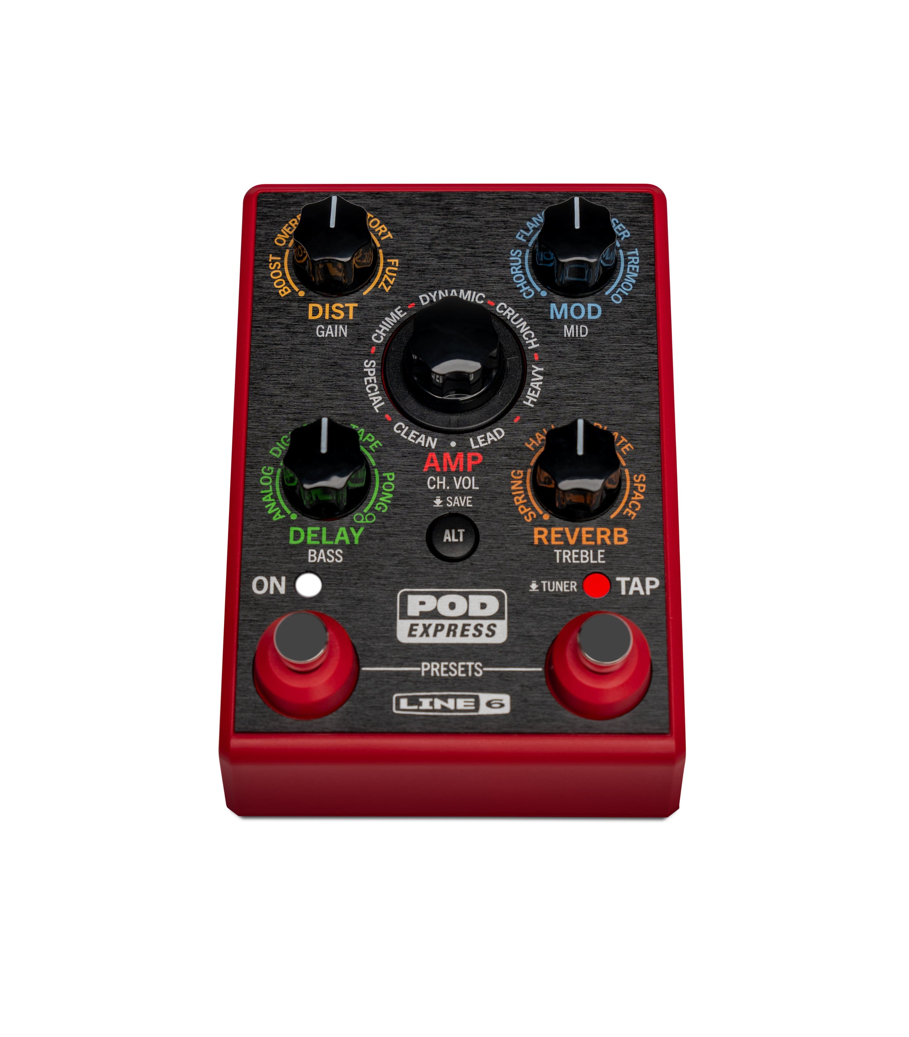 The image features a red pedal board with various controls and settings. The controls include a delay, reverb, and chorus, as well as a tuner, tap, and bass and treble adjustments. The pedal board also has a line in and out, and a preset section. The device is designed to enhance the sound of a guitar or other instruments, providing a range of effects and adjustments to suit different playing styles and preferences.