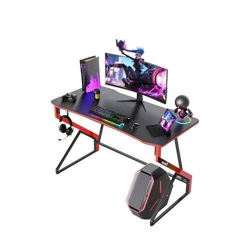Front. Hirose Alice - Gaming Desk Z Shaped  Gamer Workstation  Home Small Computer Carbon Fiber Surface Pc Table With Headphone Hook - Modern Black-47 Inch.