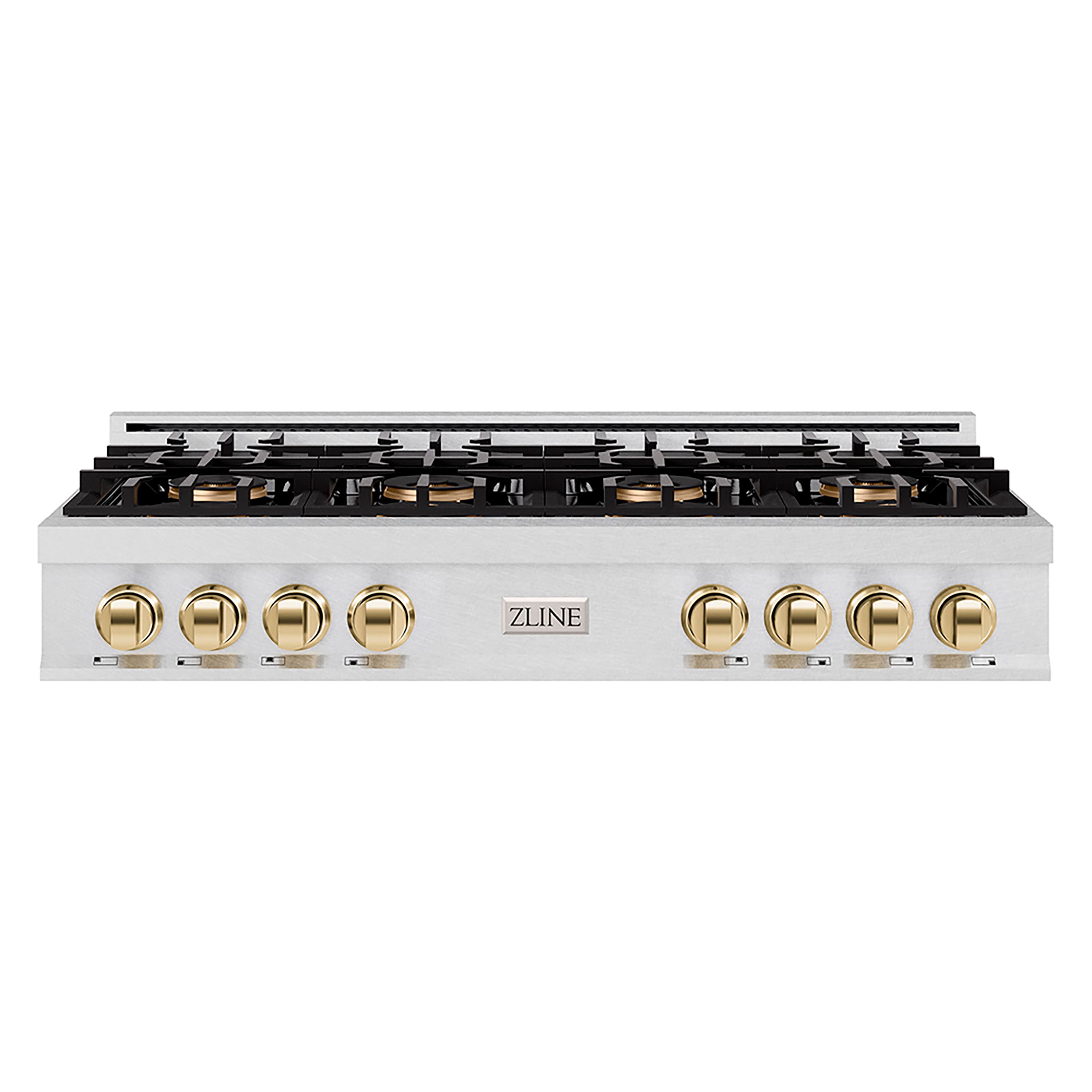 Front. ZLINE - ZLINE Autograph 48 in. Satin Steel Classic Rangetop with 8 DuoPro Burners and Gold Accents (PCRTSZ-48-G) - Satin Stainless Steel.