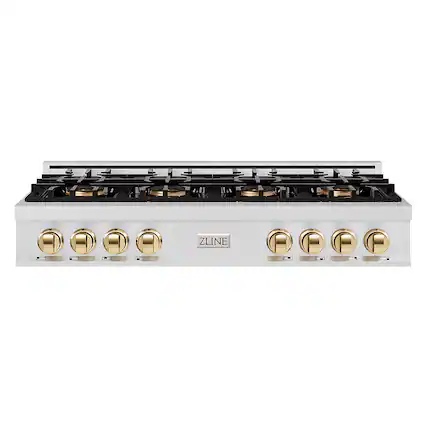Front. ZLINE - 48 in. Wide 8 Burner Autograph Satin Steel Classic Rangetop with DuoPro Burners and Gold Accents (PCRTSZ-48-G) - Satin Stainless Steel.