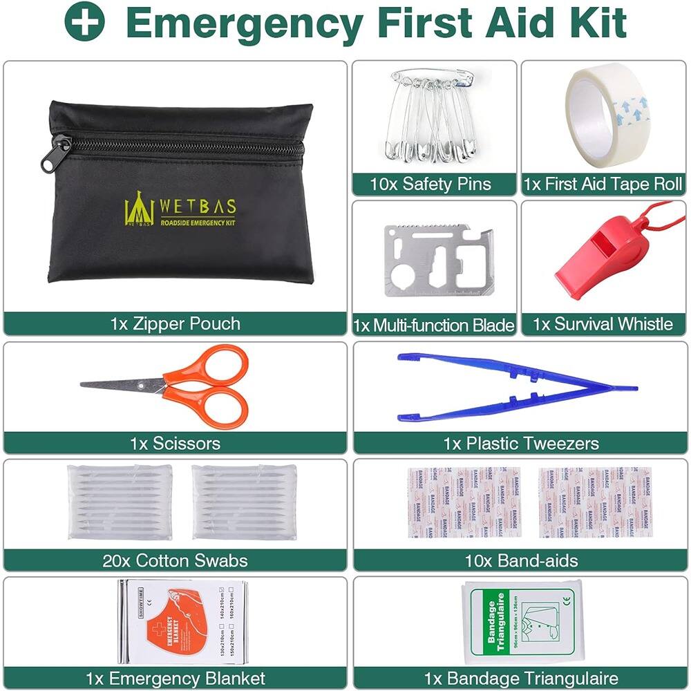 Emergency First Aid Kit

- 1x Zipper Pouch
- 10x Safety Pins
- 1x First Aid Tape Roll
- 1x Multi-function Blade
- 1x Survival Whistle
- 1x Scissors
- 1x Plastic Tweezers
- 20x Cotton Swabs
- 1x Emergency Blanket
- 10x Band-aids
- 1x Bandage Triangulaire