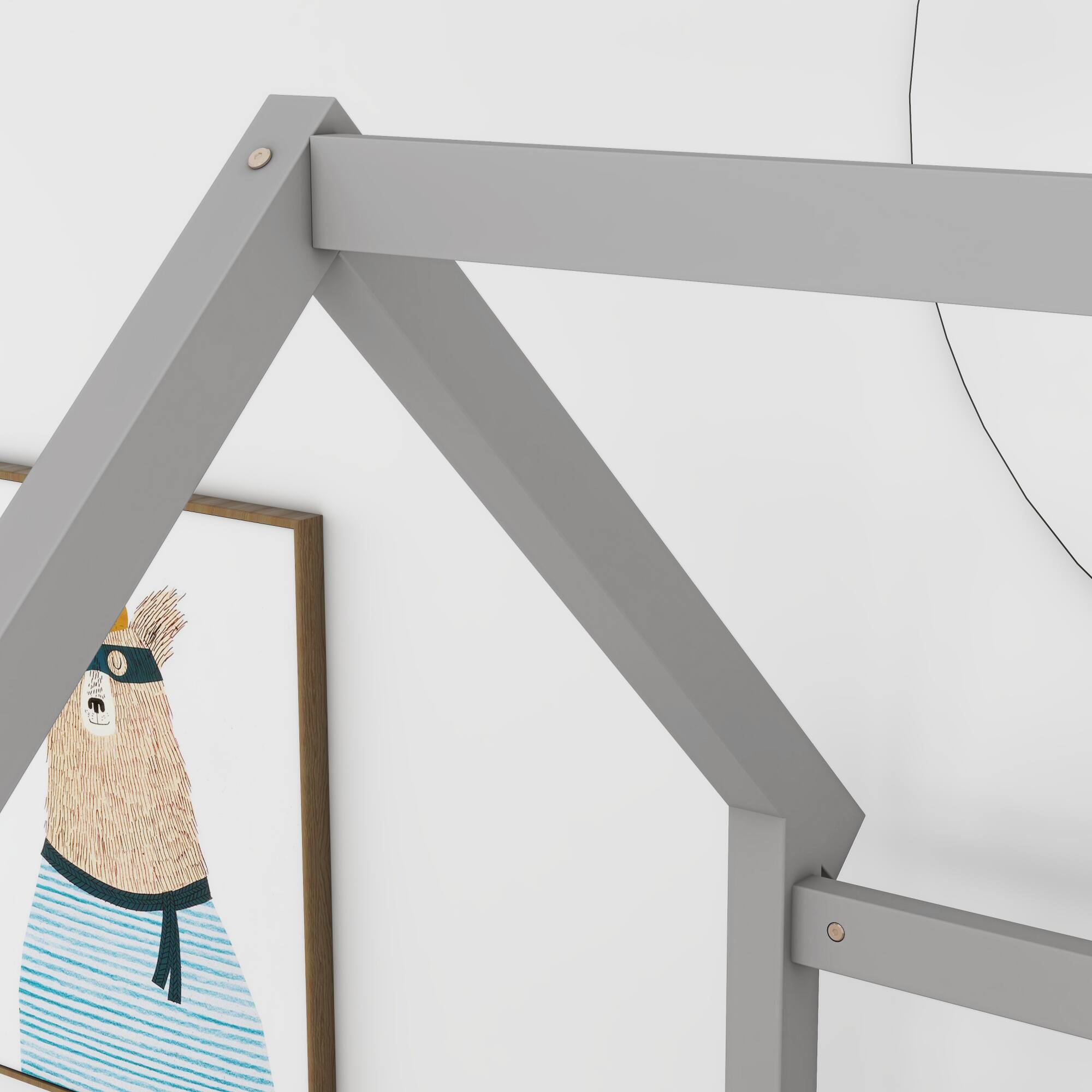 Angle. GOODSILO - Twin Size Floor Bed with Playhouse Roof Design and Safety Guardrails for Children's Bedroom - Grey.