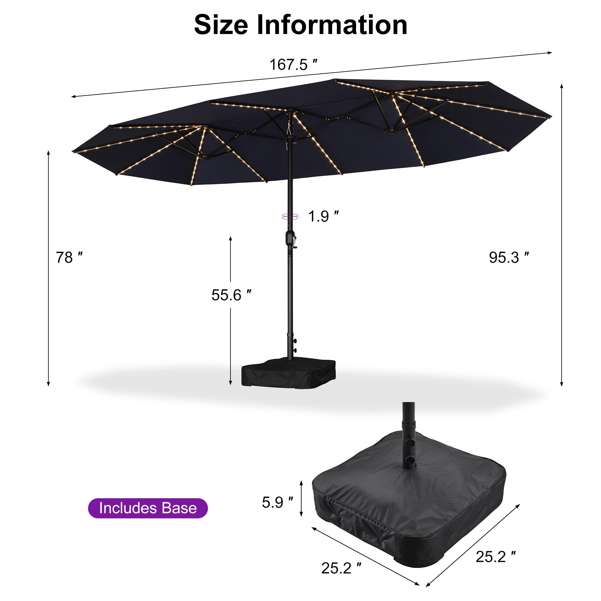 Size Information

- 167.5"
- 1.9"
- 78"
- 55.6"
- 95.3"
- Includes Base
- 5.9"
- 25.2"
- 25.2"
