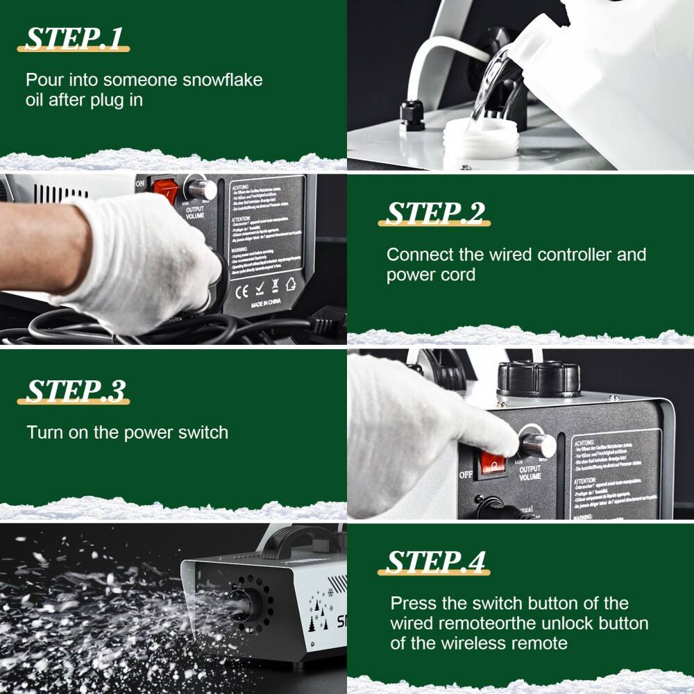 Sure, here is the corrected and grouped text:

---

**STEP 1**  
Pour into someone snowflake oil after plug in

**STEP 2**  
Connect the wired controller and power cord

**STEP 3**  
Turn on the power switch

**STEP 4**  
Press the switch button of the wired remote or the unlock button of the wireless remote

---