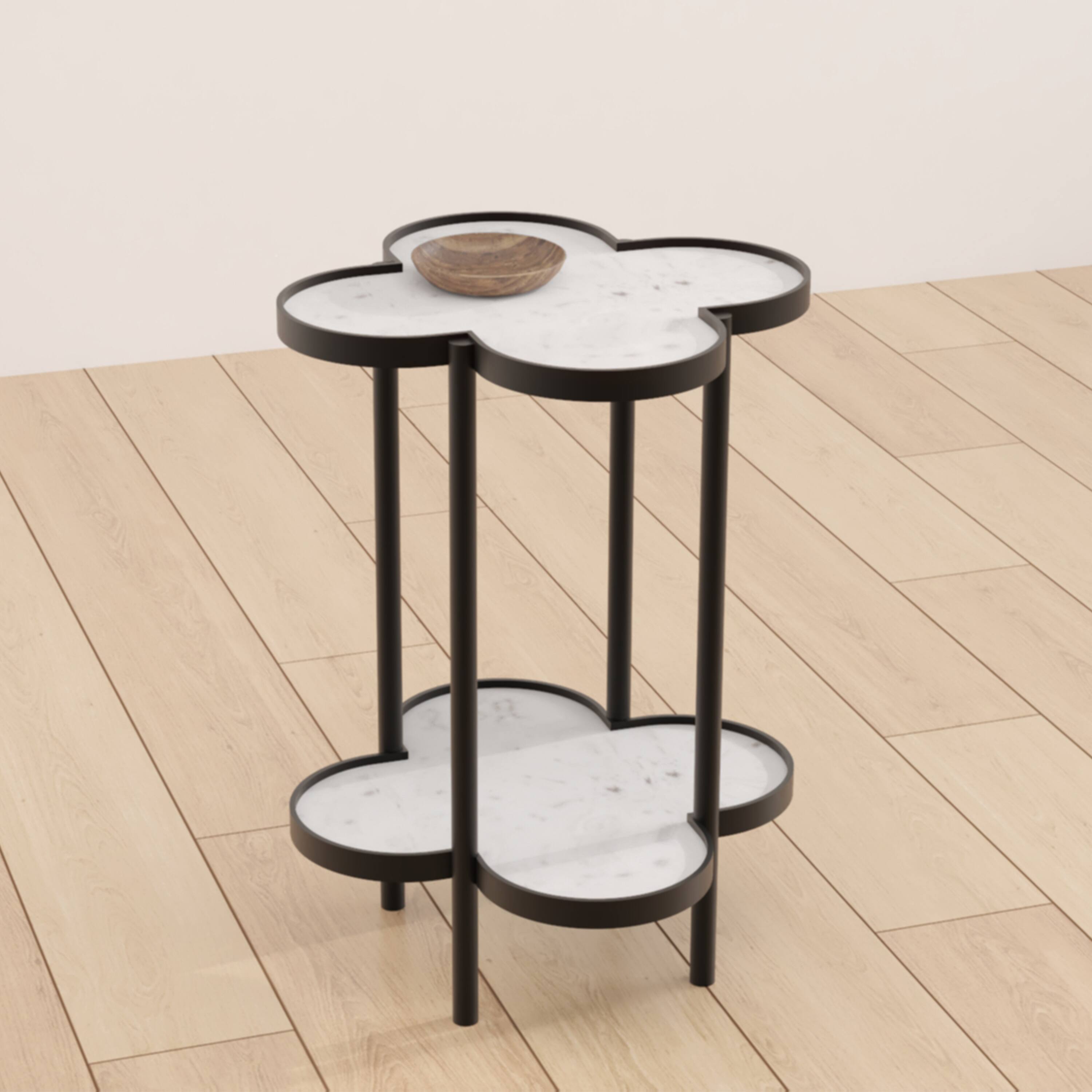 Alt View 8. Manhattan Lane - Chloe Side End Table, White Genuine Marble Clover Shape Top With Black Iron Frame - Black, White.