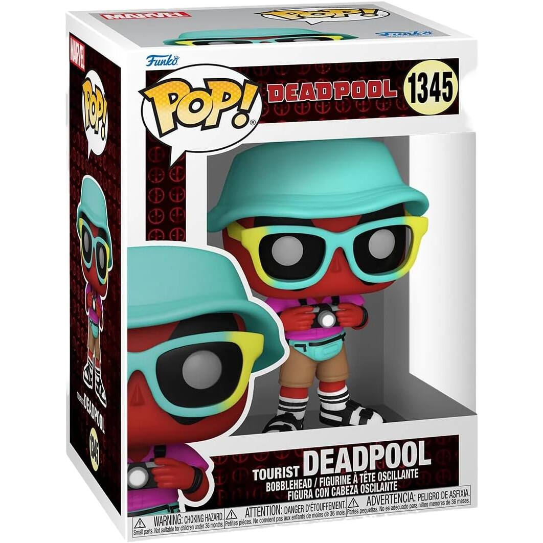 Sure, here is the corrected and grouped text from the image:

---

**Funko POP!**

**DEADPOOL**  
1345

**TOURIST DEADPOOL**  
BOBBLEHEAD / FIGURINE À TÊTE OSCILLANTE  
FIGURA CON CABEZA OSCILANTE  
ADVERTENCIA: PELIGRO DE ASFIXIA  
DANGER: PEU DE RISQUE D'ÉTOUFFEMENT  
ATTENTION: PEU DE RISQUE D'ÉTOUFFEMENT  
WARNING: CHOKING HAZARD  
ATTENTION: CHOKING HAZARD  
ADVERTENCIA: PEU DE RISQUE D'ÉTOUFFEMENT

**WARNING: CHOKING HAZARD**  
ATTENTION: CHOKING HAZARD  
ADVERTENCIA: PEU DE RISQUE D'ÉTOUFFEMENT  
Small parts. Not suitable for children under 36 months.  
Peligro: Piezas pequeñas. No es adecuado para niños menores de 36 meses.  
Peligro: Pièces petites. Ne convient pas aux enfants de moins de 36 mois.  
Peligro: Pequeñas piezas. No es adecuado para niños menores de 36 meses.

---

This text is organized to reflect the warnings and descriptions found on the packaging.