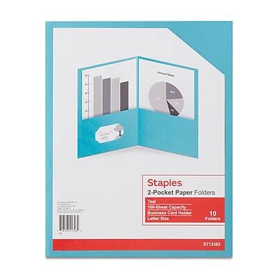 Staples - 10% Recycled Smooth 2-Pocket Paper Presentation Folder, 10/Pack (13383-US) - Teal