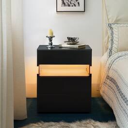Loheer - LED Nightstand, Bedside Table with Acrylic Panel and Three Drawers for Bedroom - Black